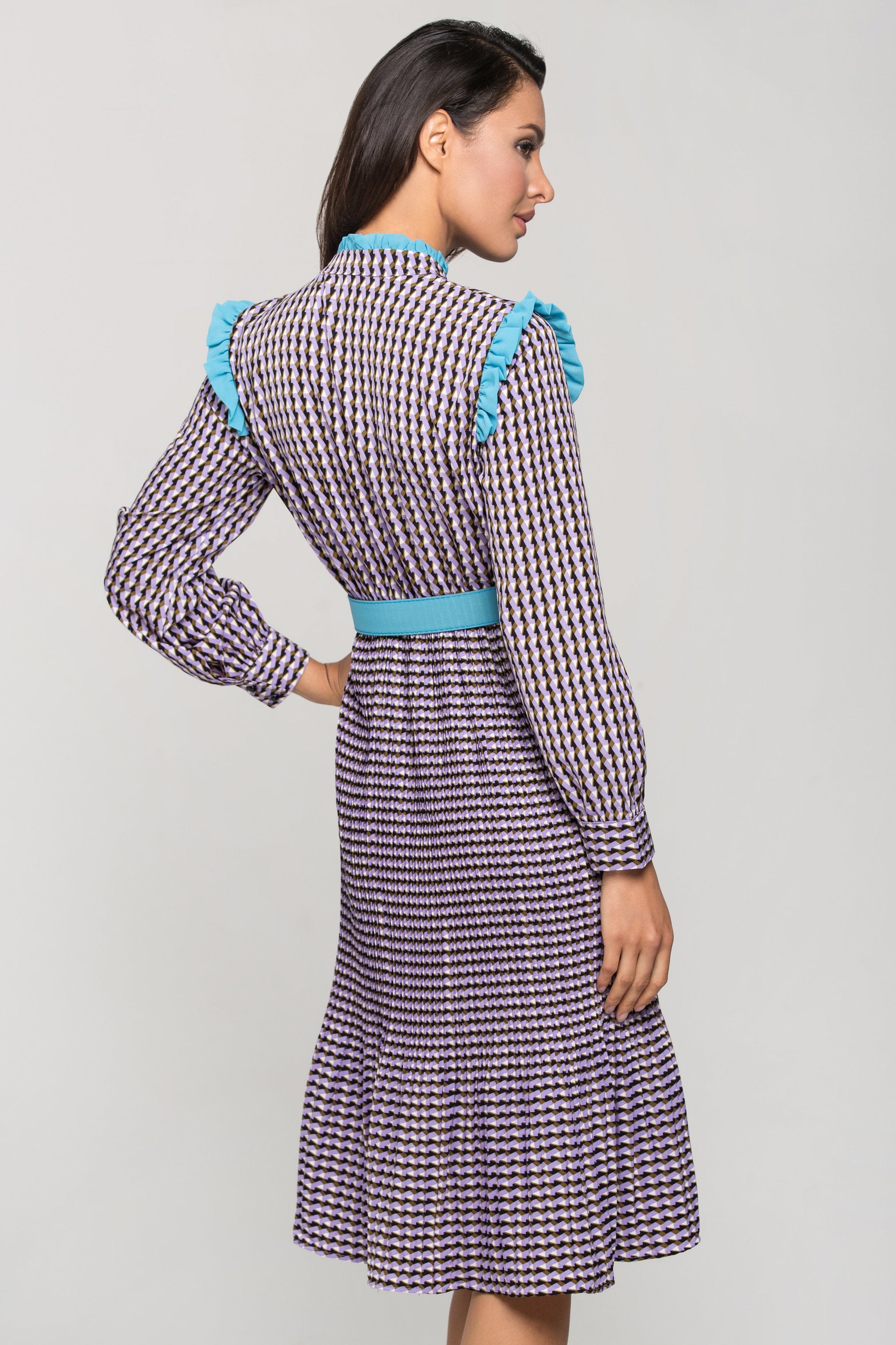 Purple Print Vintage Pleated Midi Dress - ownthelooks-Development