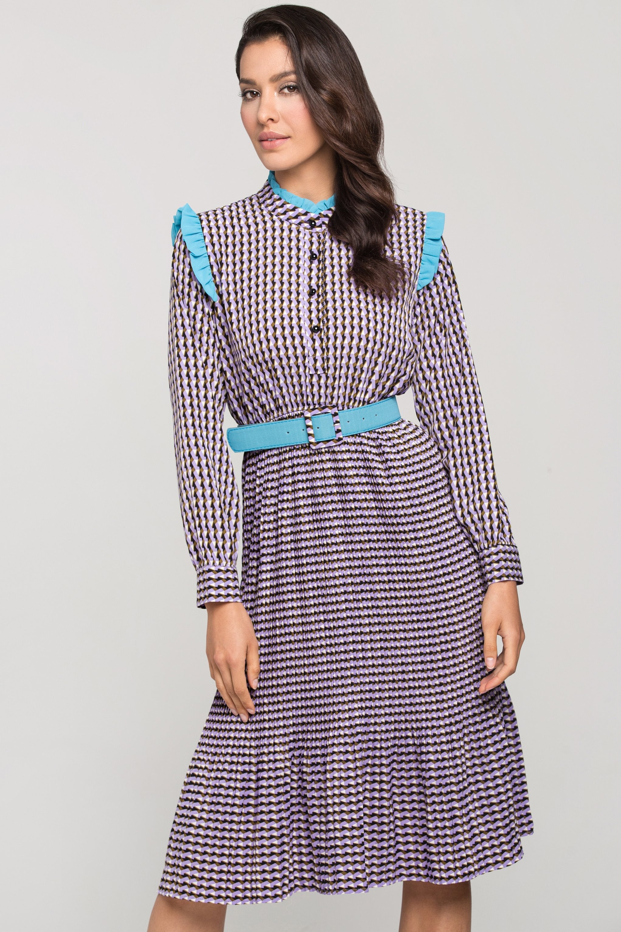 Purple Print Vintage Pleated Midi Dress - ownthelooks-Development