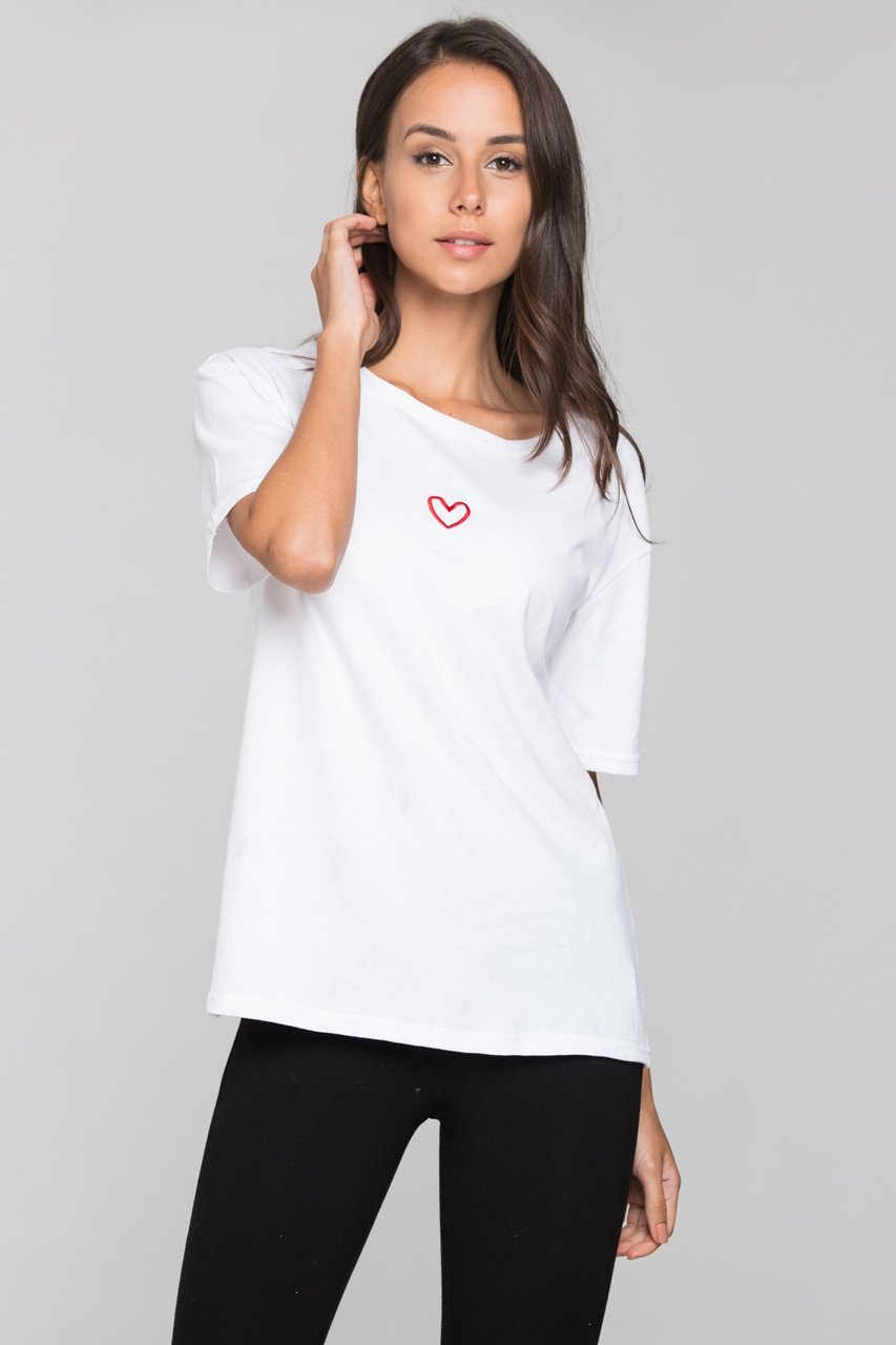 White Over-sized T-shirt with Single Heart Embroidery - ownthelooks-Development