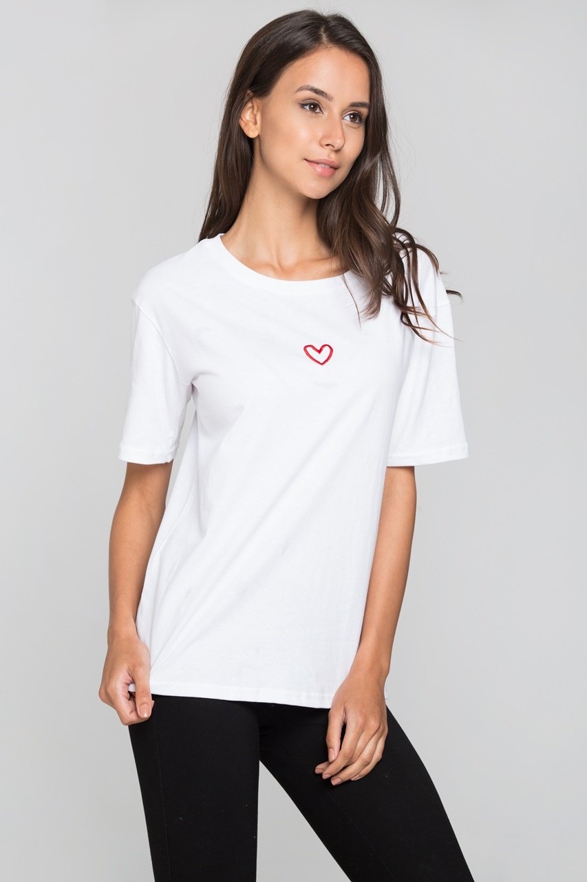 White Over-sized T-shirt with Single Heart Embroidery - ownthelooks-Development