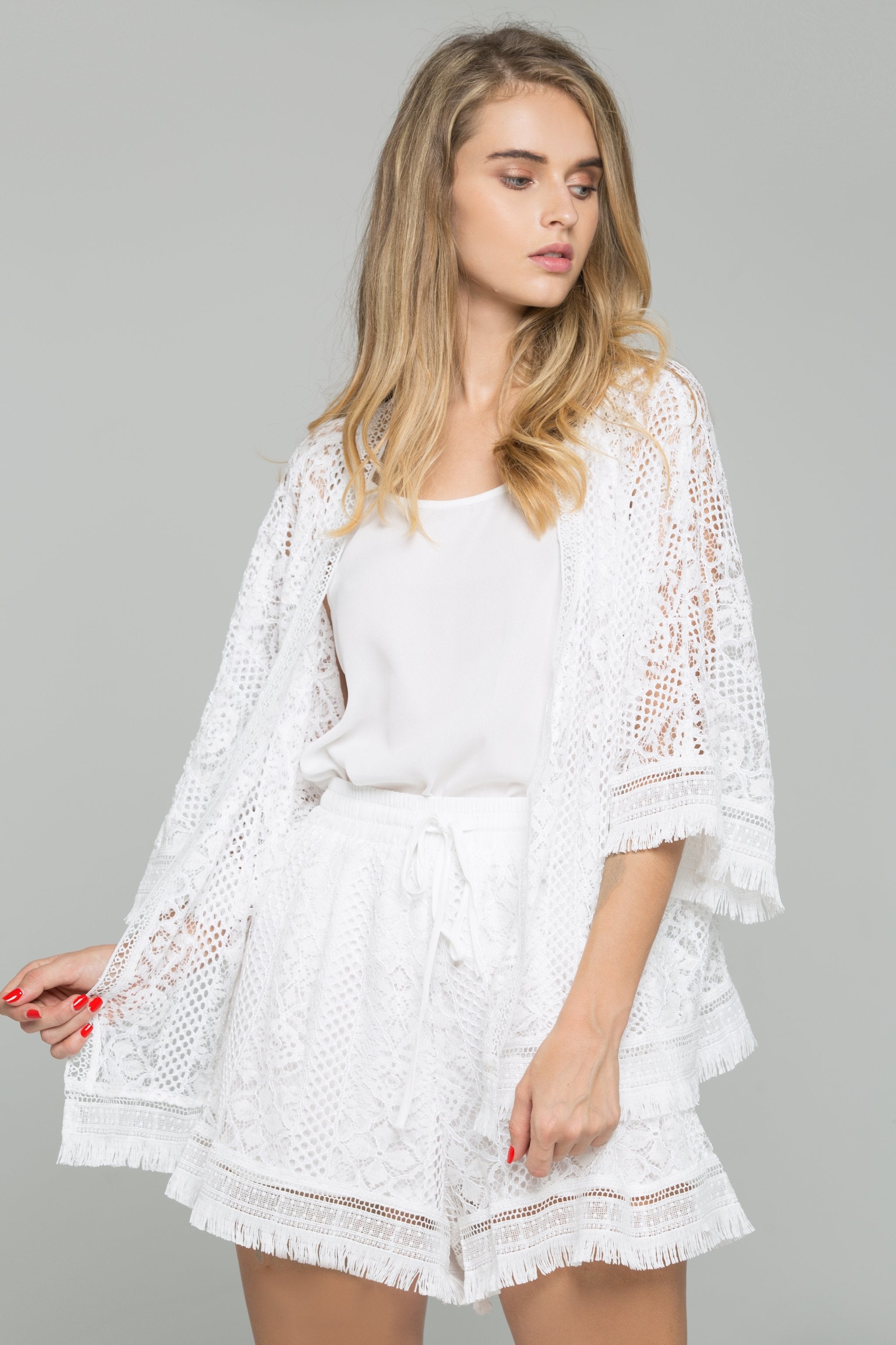 3-Piece White Lace Chiffon Fringe Hem Top and Drawstring Waist Short Set - ownthelooks-Development