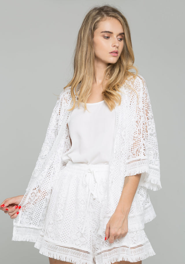 3-Piece White Lace Chiffon Fringe Hem Top and Drawstring Waist Short Set - ownthelooks-Development