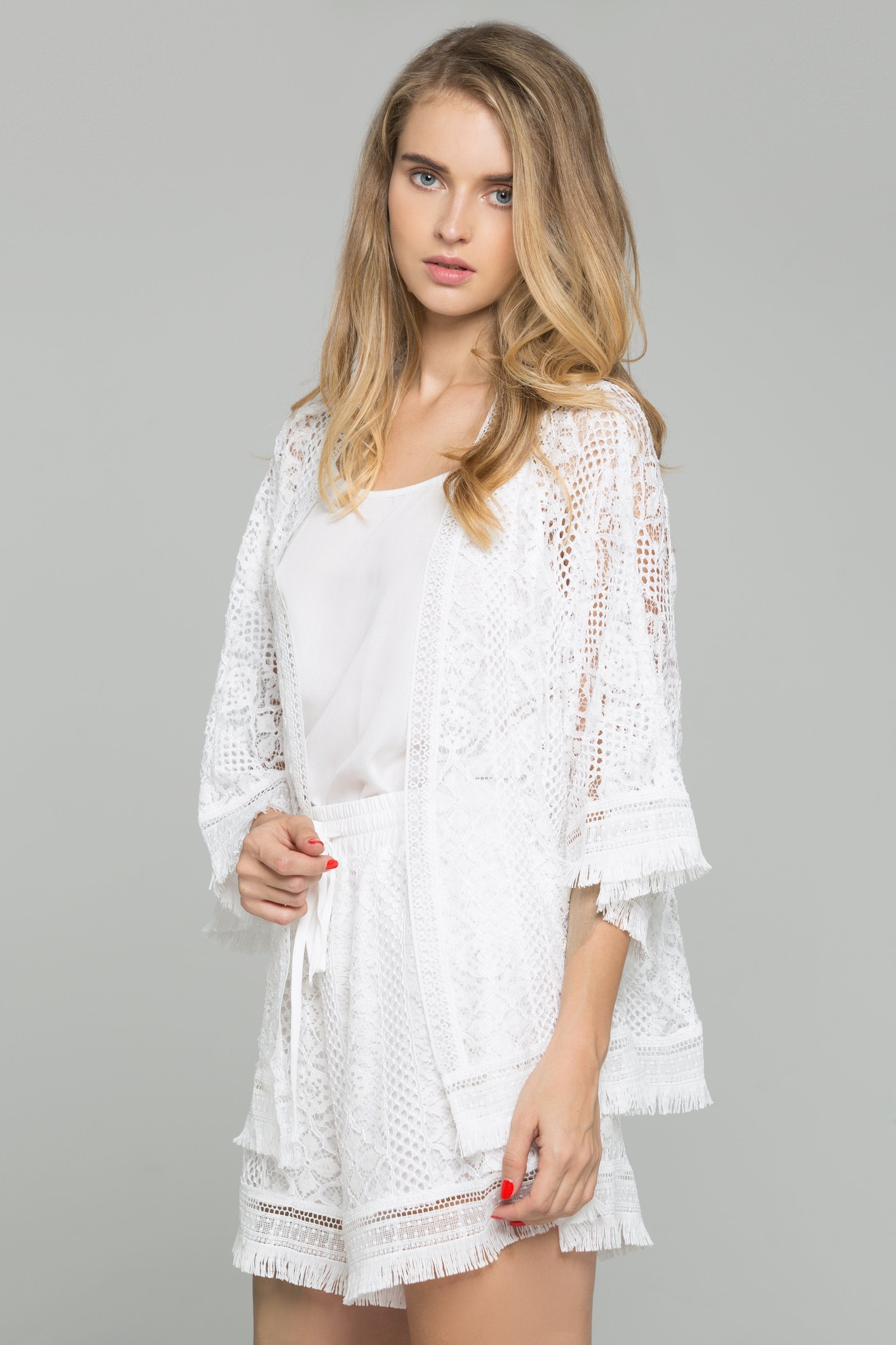 3-Piece White Lace Chiffon Fringe Hem Top and Drawstring Waist Short Set - ownthelooks-Development
