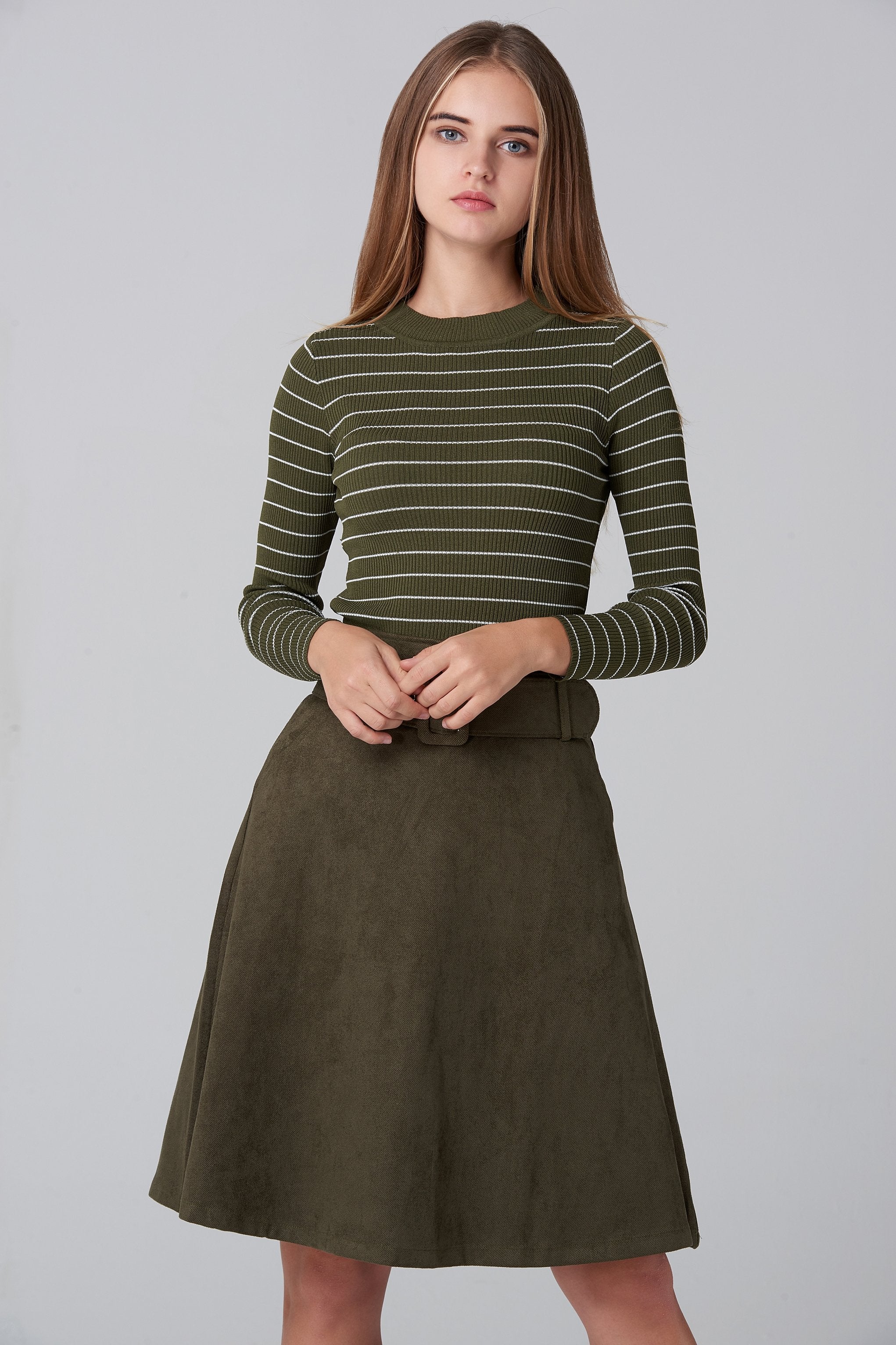 Army  Green Suede Skirt and Stripe Top Set - ownthelooks-Development