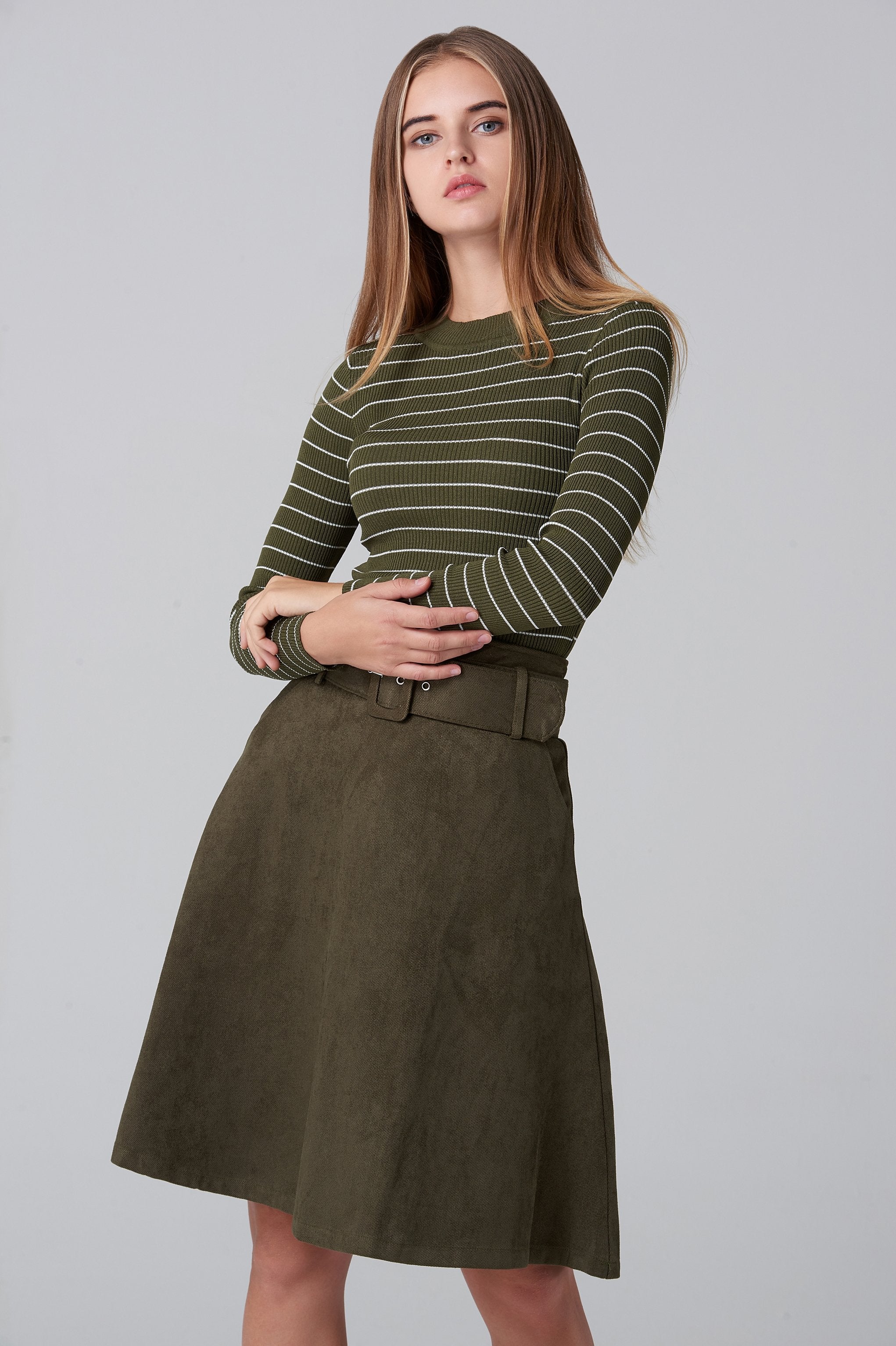 Army  Green Suede Skirt and Stripe Top Set - ownthelooks-Development