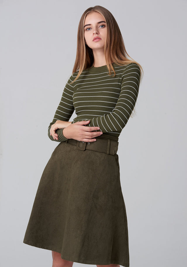 Army  Green Suede Skirt and Stripe Top Set - ownthelooks-Development