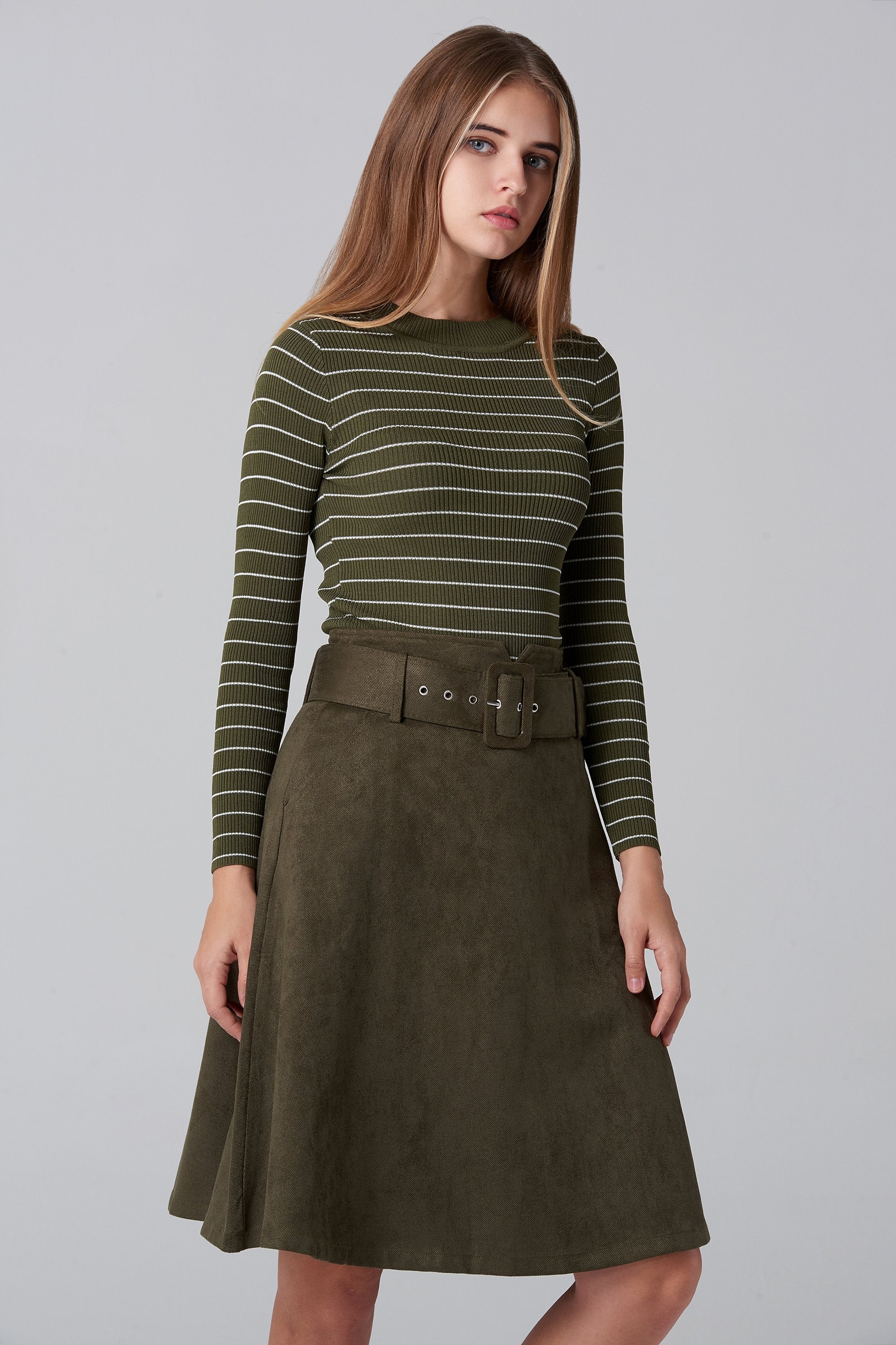 Army  Green Suede Skirt and Stripe Top Set - ownthelooks-Development