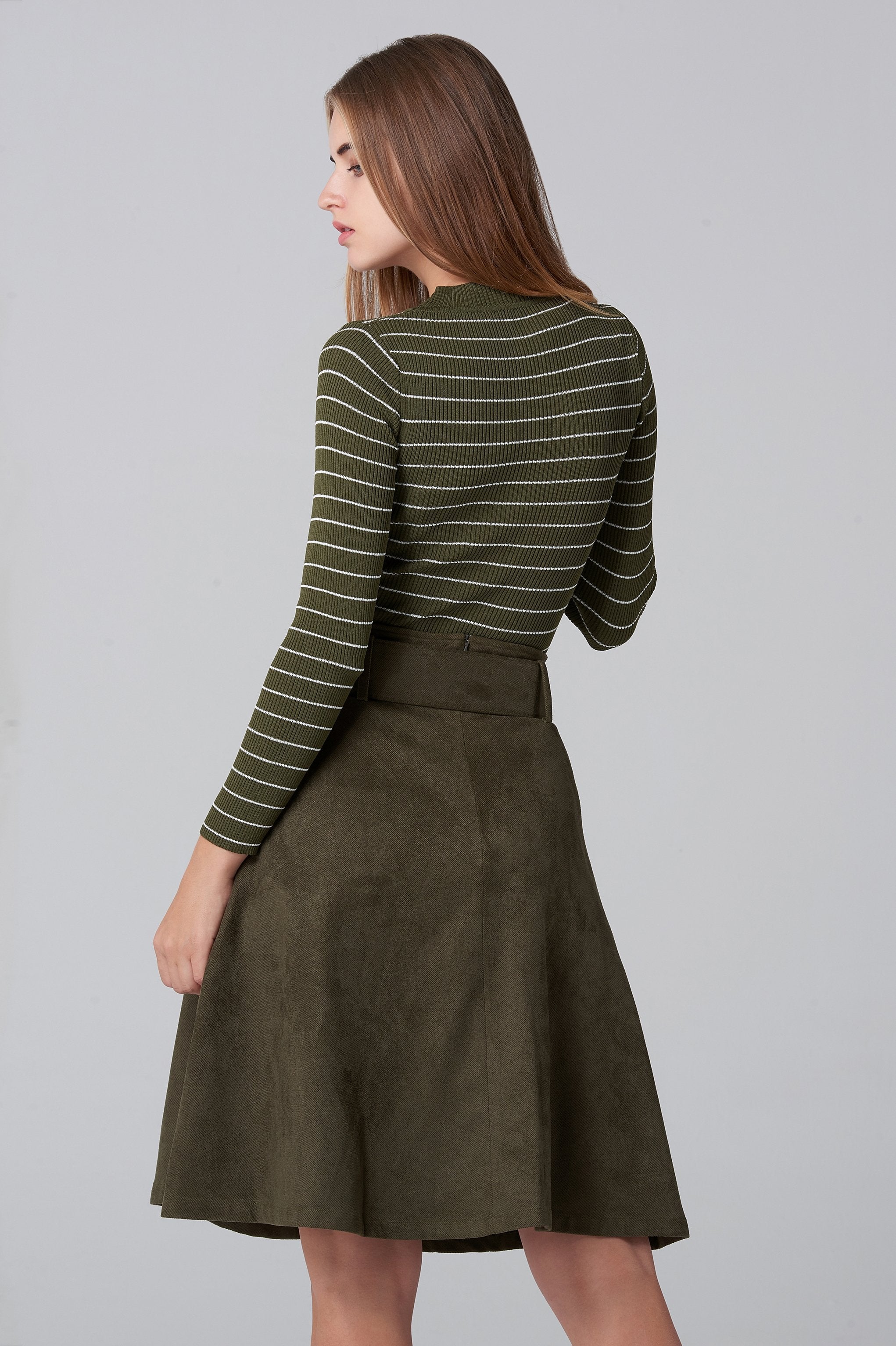 Army  Green Suede Skirt and Stripe Top Set - ownthelooks-Development