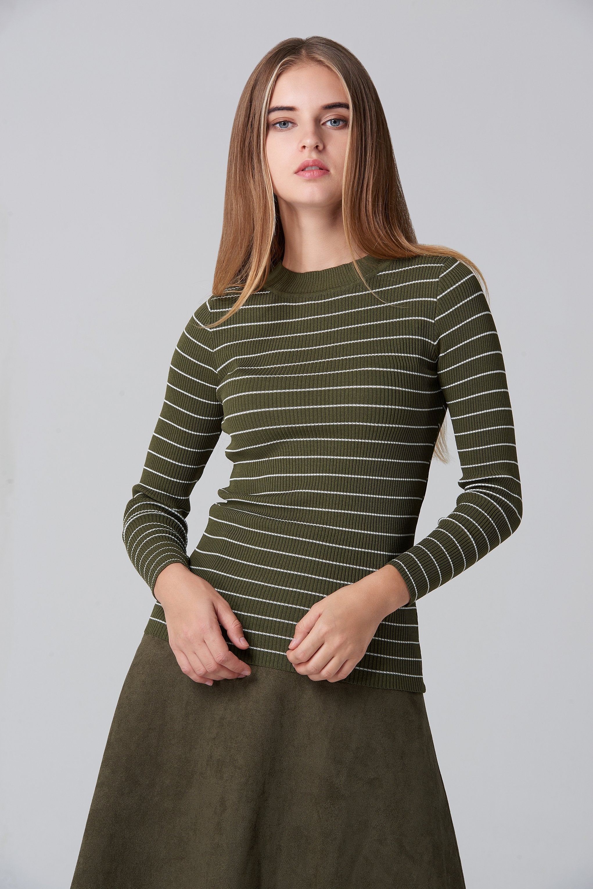 Army  Green Suede Skirt and Stripe Top Set - ownthelooks-Development