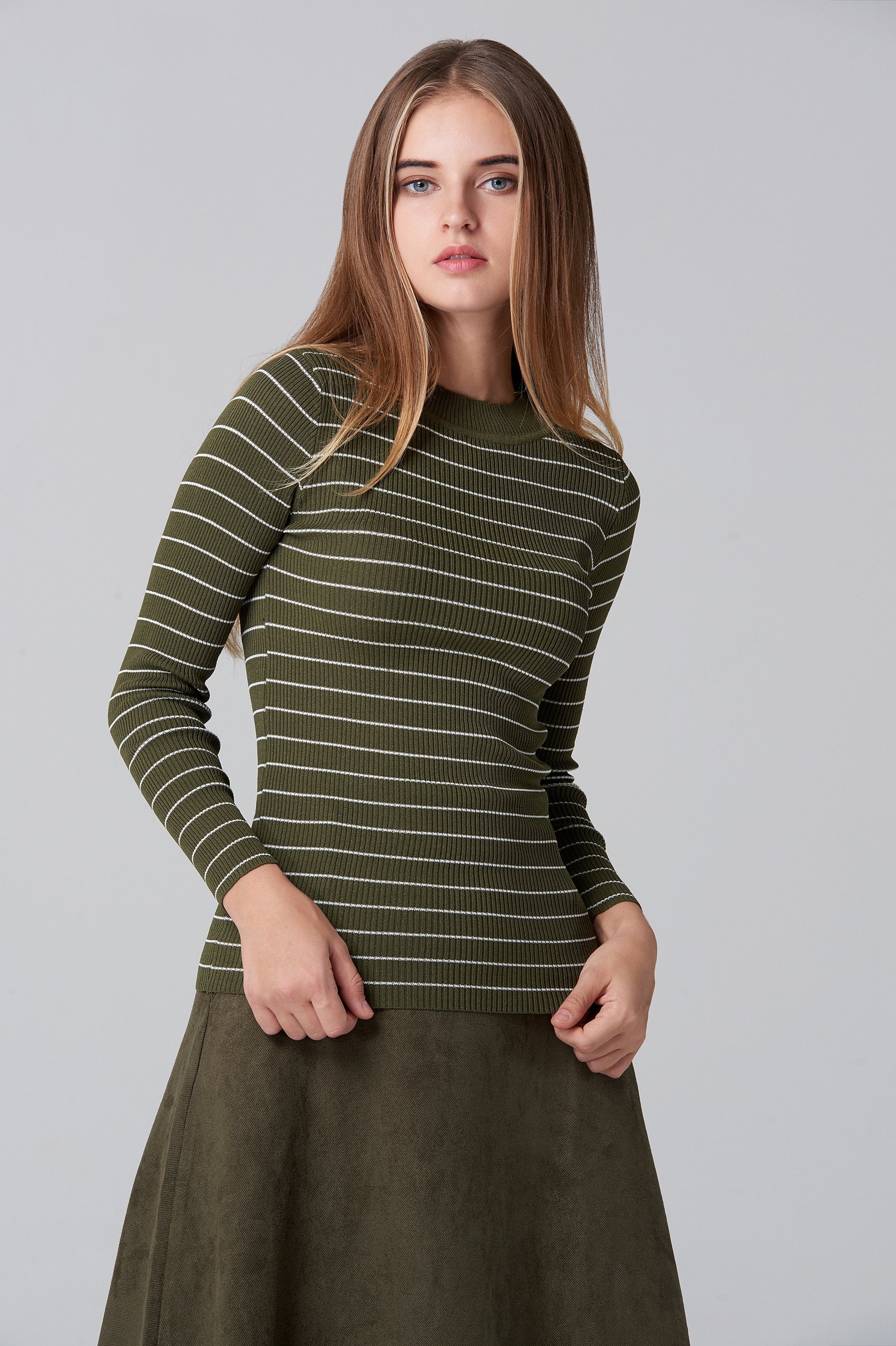 Army  Green Suede Skirt and Stripe Top Set - ownthelooks-Development