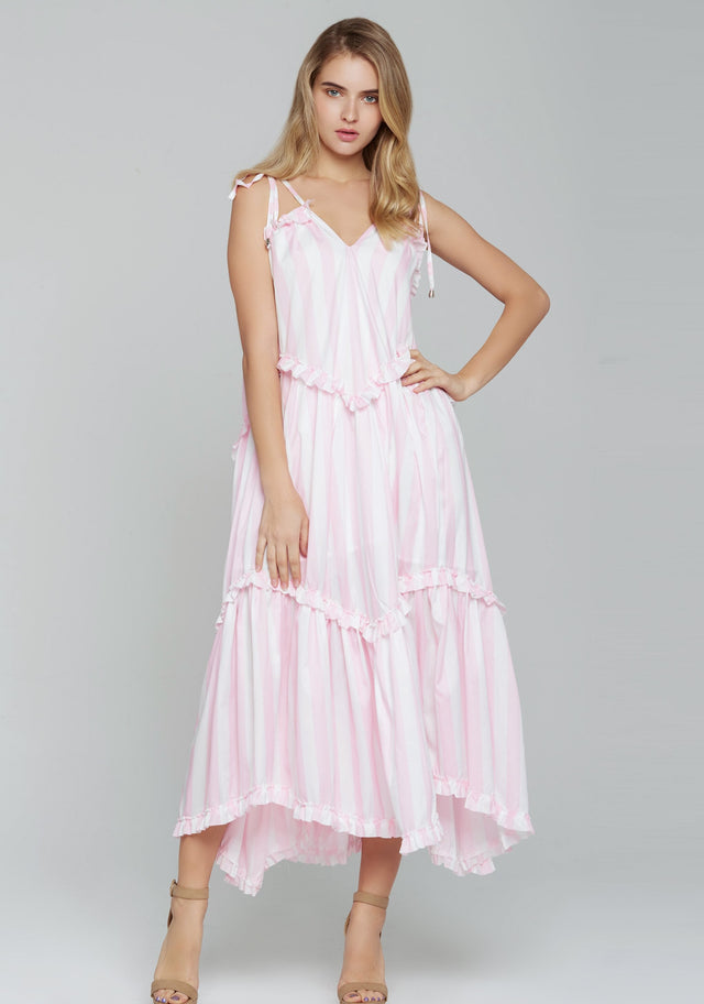 Baby Pink and White Stripe Tiered Midi Dress - ownthelooks-Development