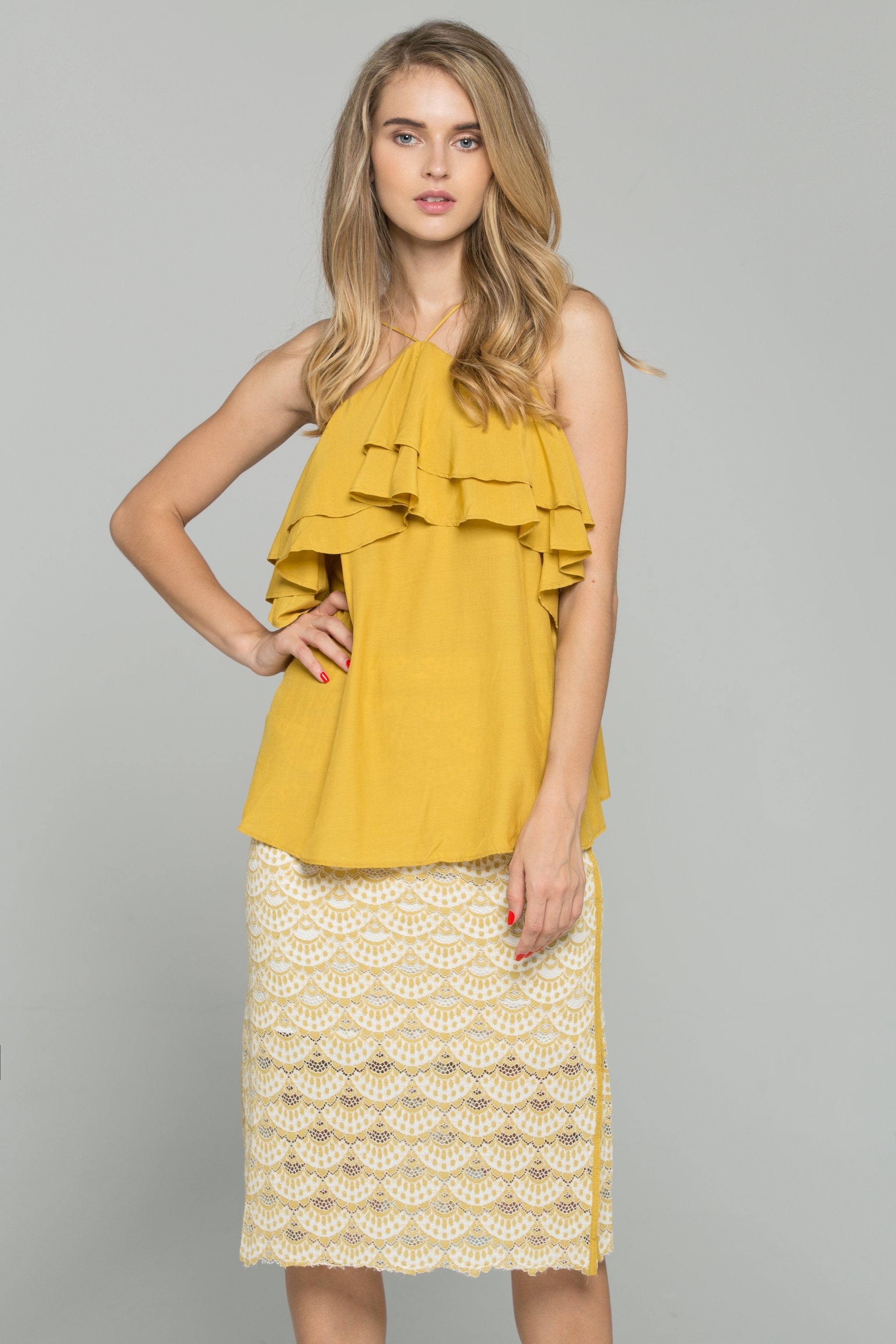 Beige Cold Shoulder Ruffled Top and Lace Double Side Slit Pencil Skirt Set - ownthelooks-Development