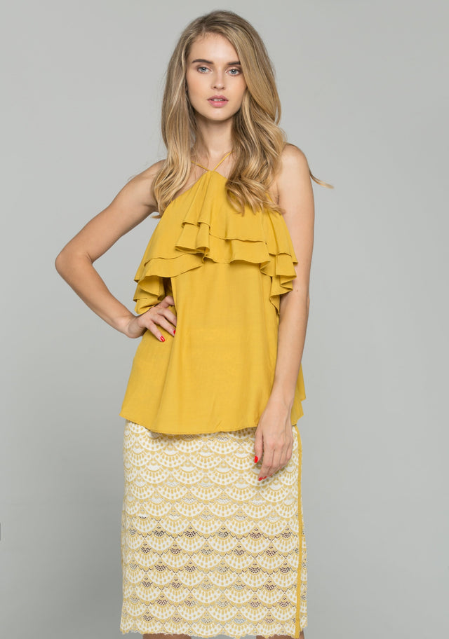 Beige Cold Shoulder Ruffled Top and Lace Double Side Slit Pencil Skirt Set - ownthelooks-Development