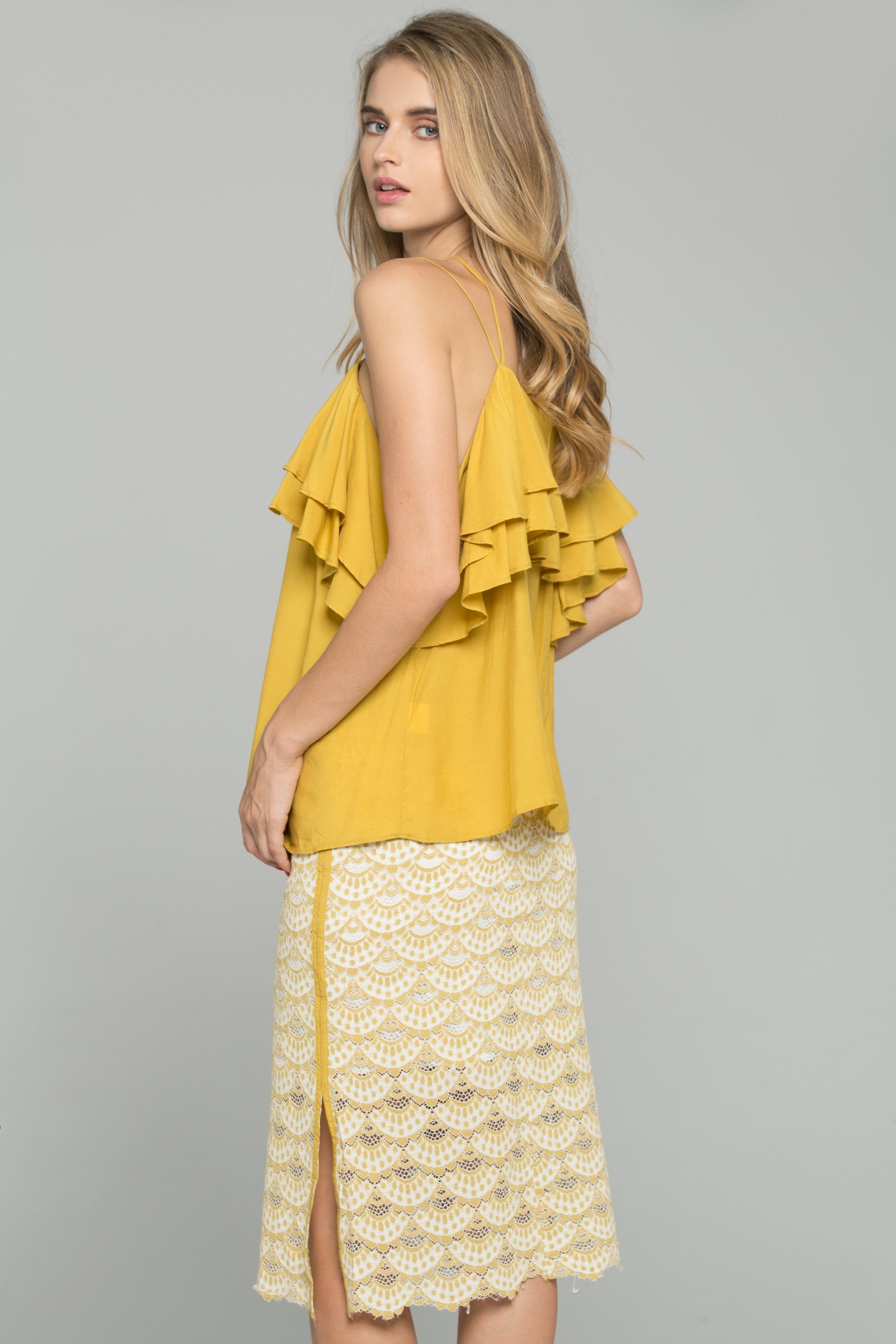 Beige Cold Shoulder Ruffled Top and Lace Double Side Slit Pencil Skirt Set - ownthelooks-Development