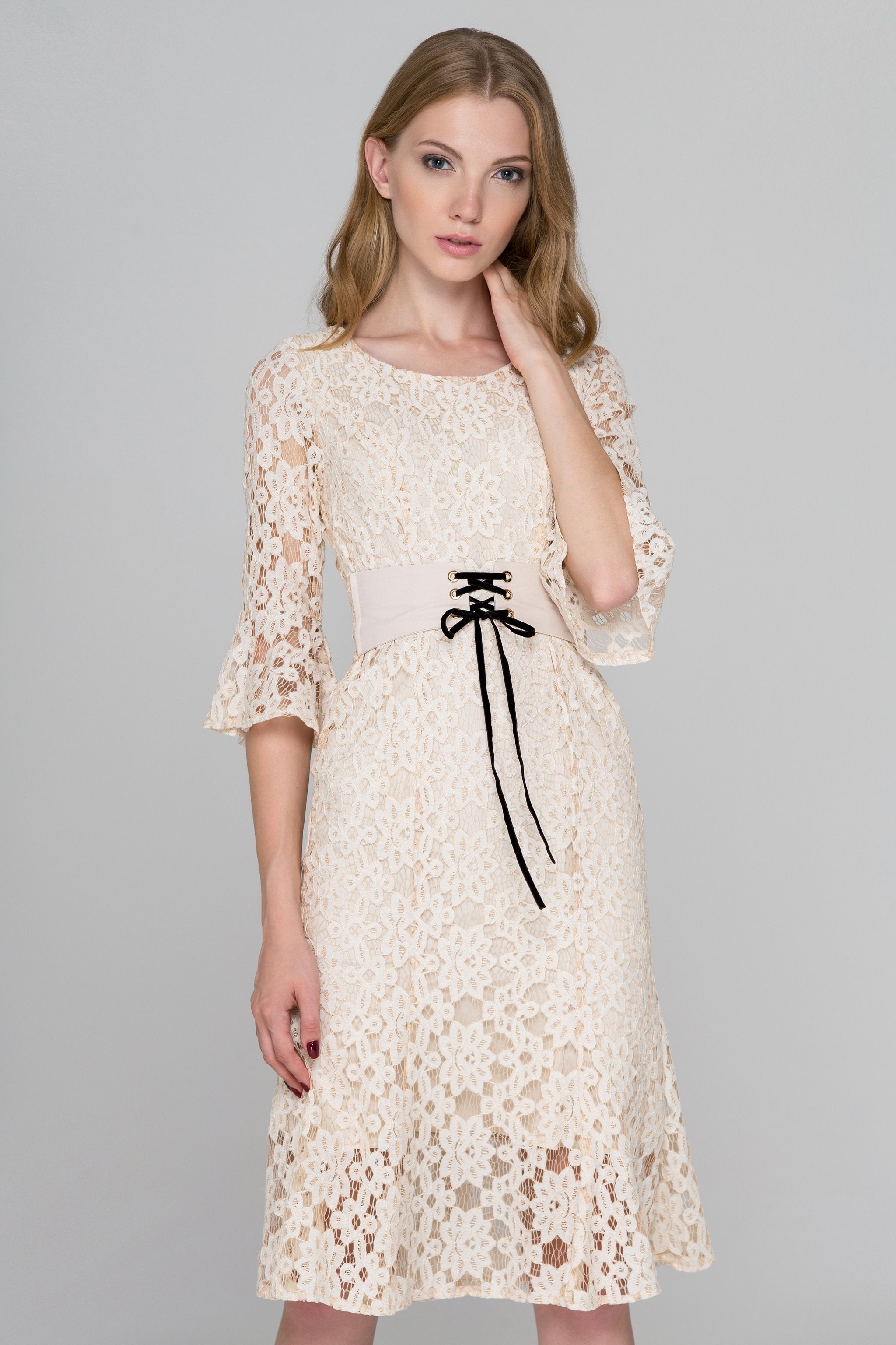 Beige Lace Corset Trumpet Midi Dress - ownthelooks-Development