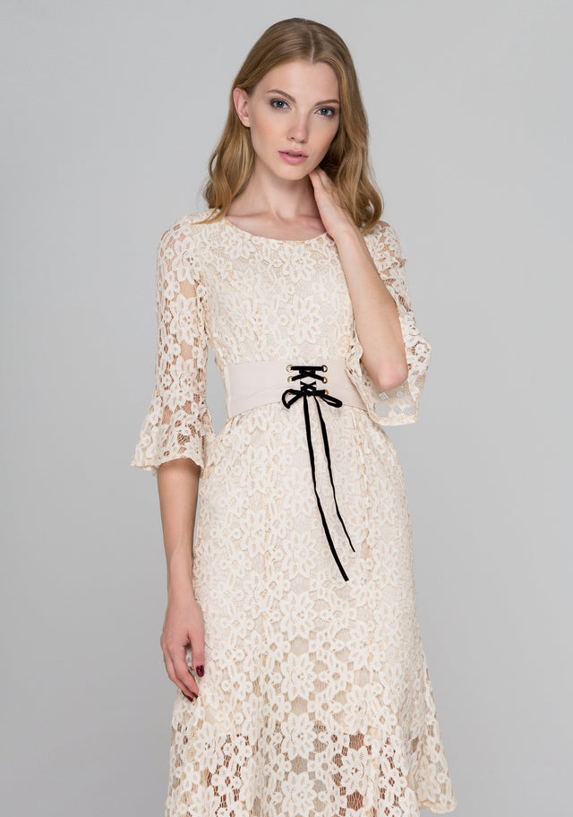 Beige Lace Corset Trumpet Midi Dress - ownthelooks-Development