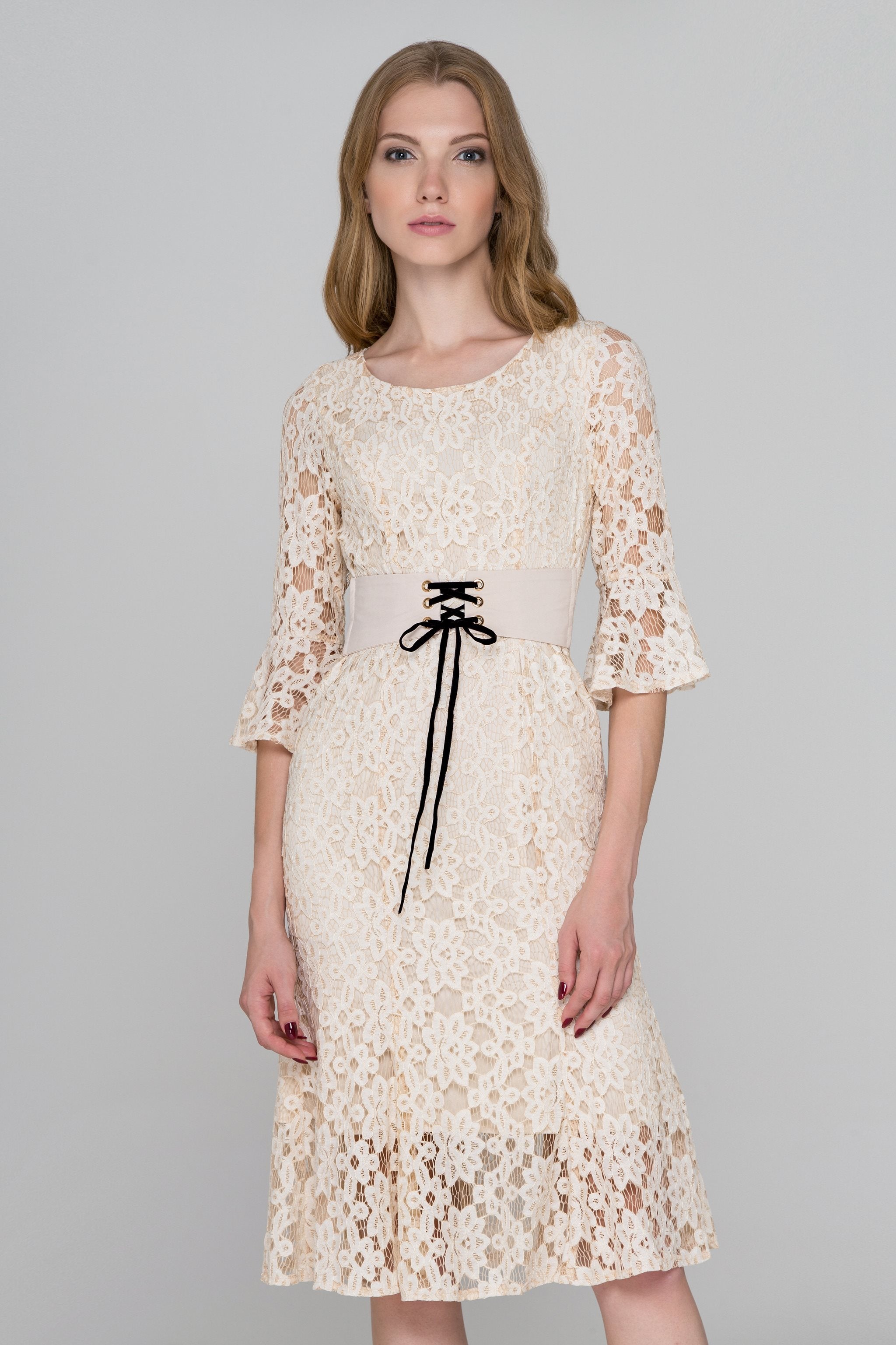 Beige Lace Corset Trumpet Midi Dress - ownthelooks-Development