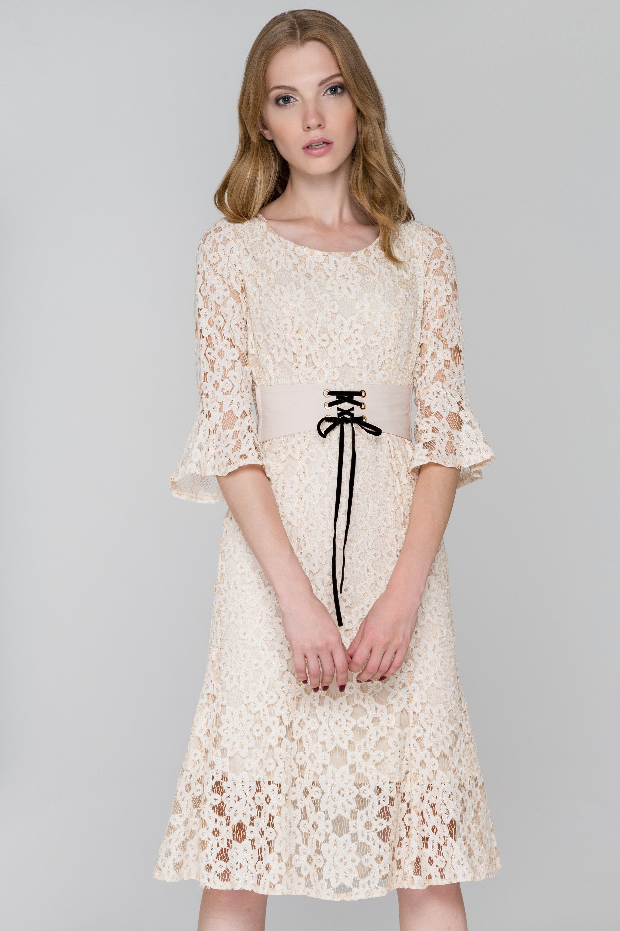 Beige Lace Corset Trumpet Midi Dress - ownthelooks-Development
