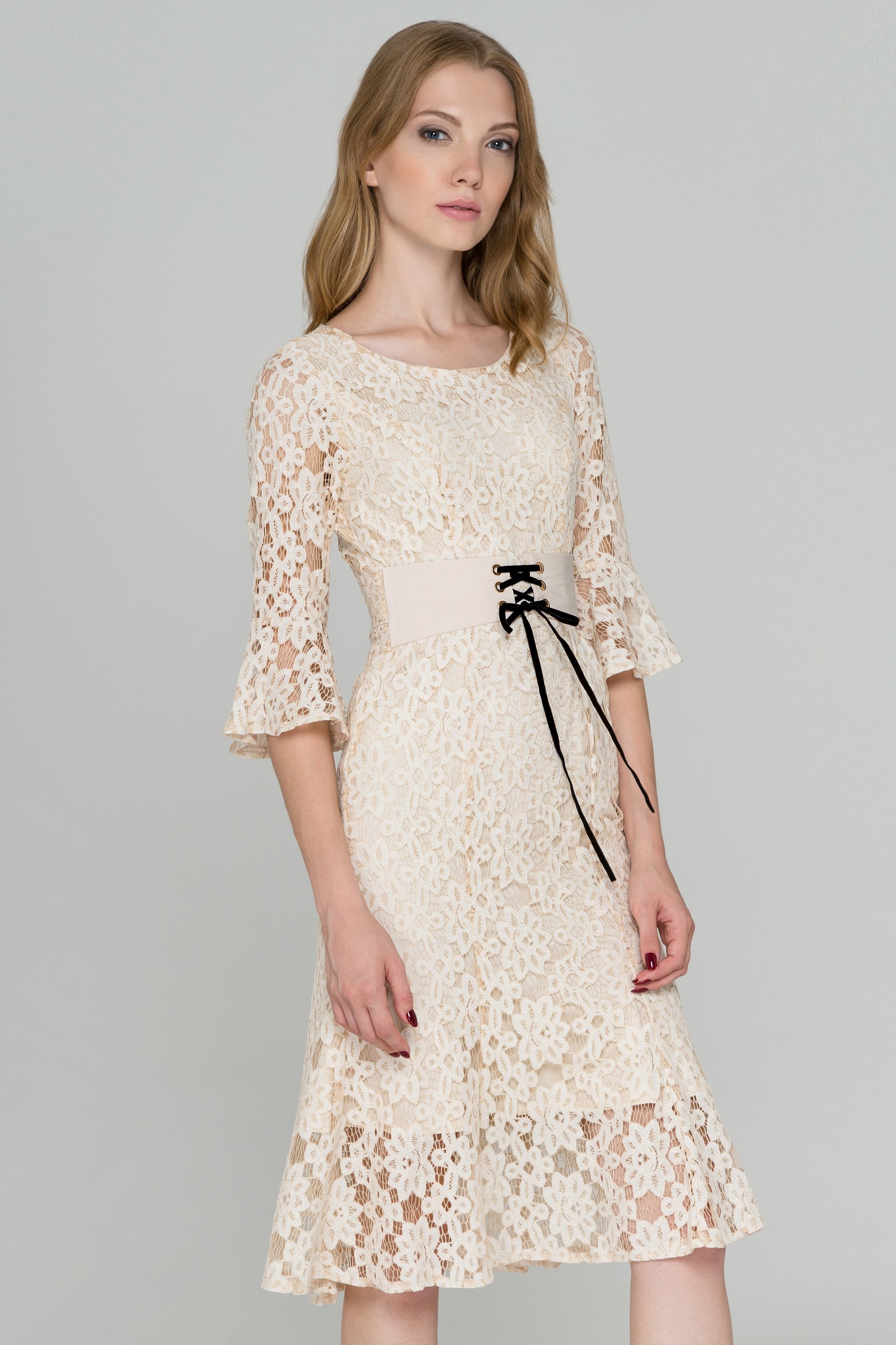Beige Lace Corset Trumpet Midi Dress - ownthelooks-Development