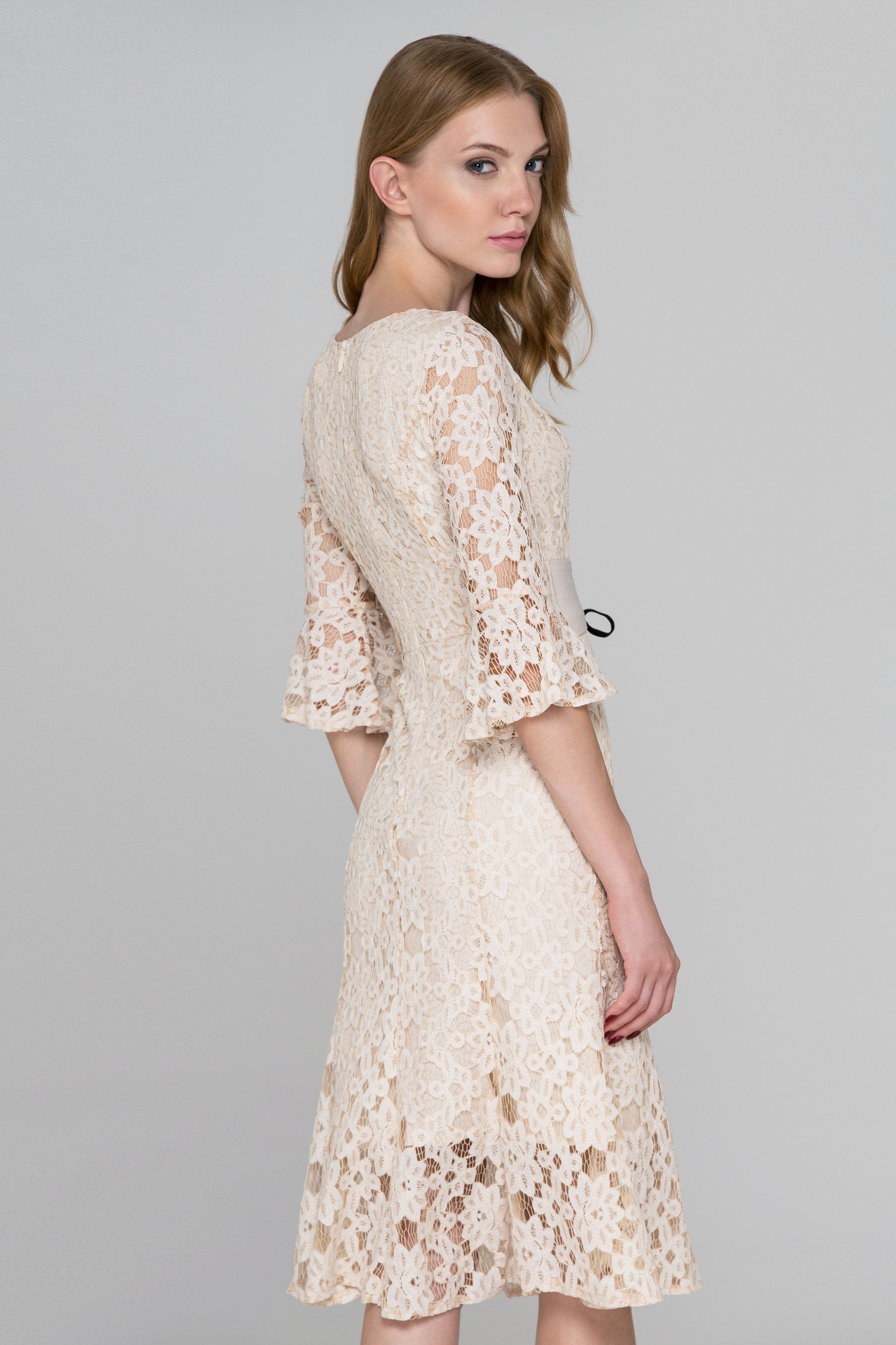 Beige Lace Corset Trumpet Midi Dress - ownthelooks-Development
