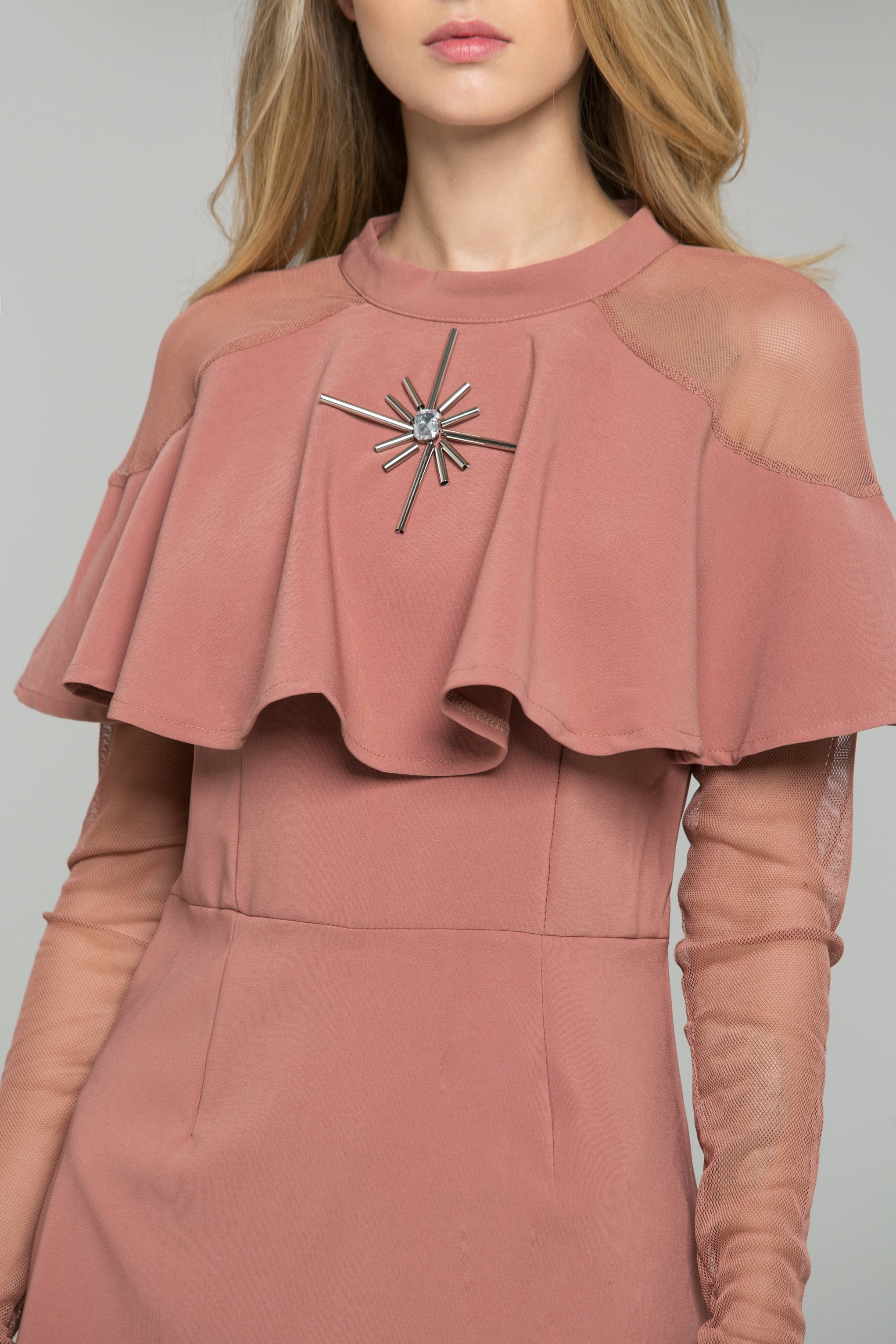 Beige Lycra Mesh Capelet Collar with Metallic Detail Co-ord Mini Dress - ownthelooks-Development