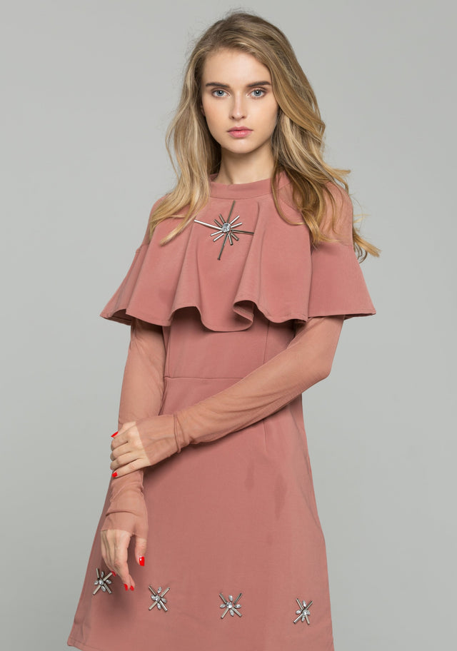 Beige Lycra Mesh Capelet Collar with Metallic Detail Co-ord Mini Dress - ownthelooks-Development