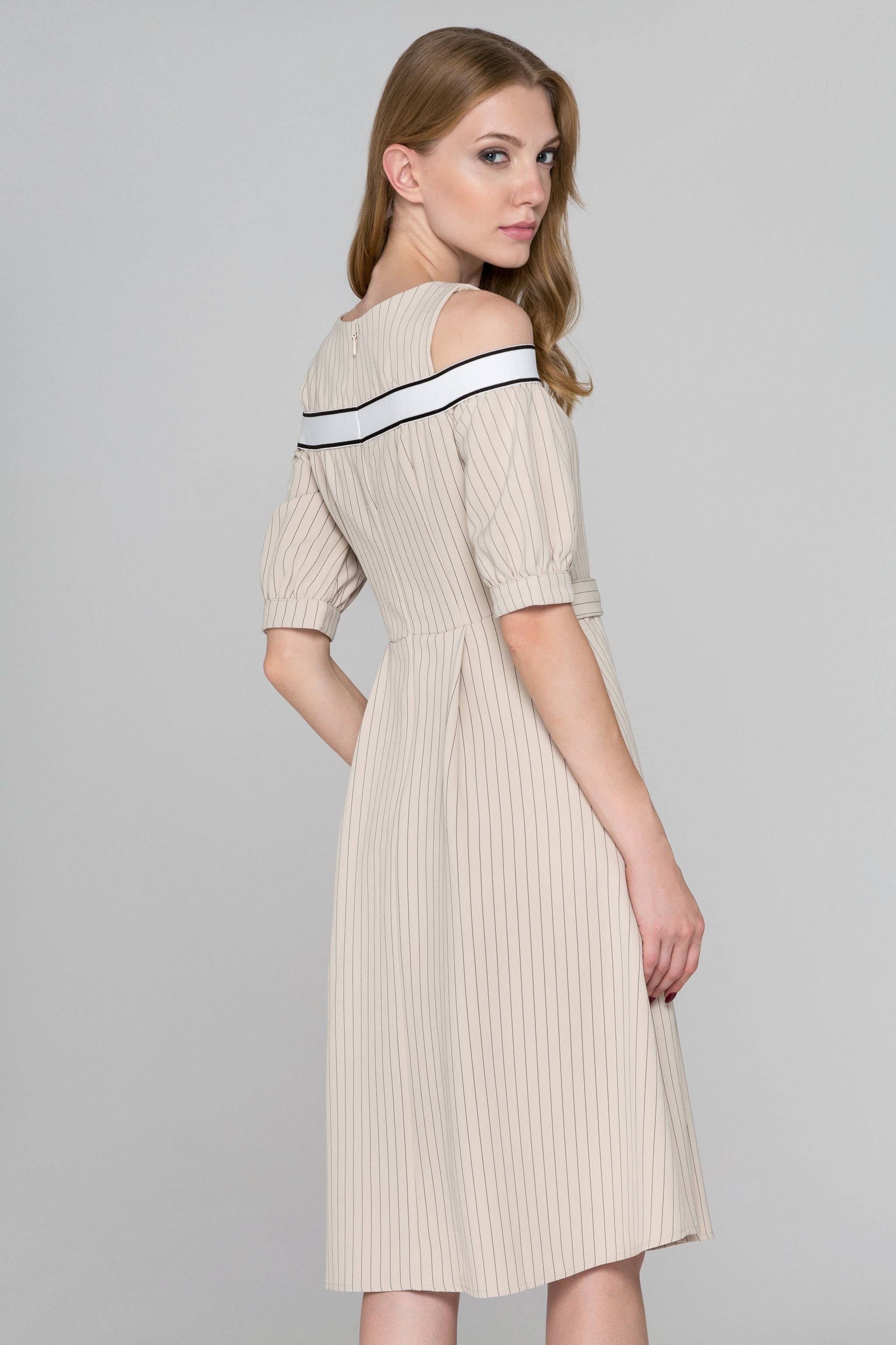 Beige Pin Stripes Cold Shoulder Midi Dress - ownthelooks-Development