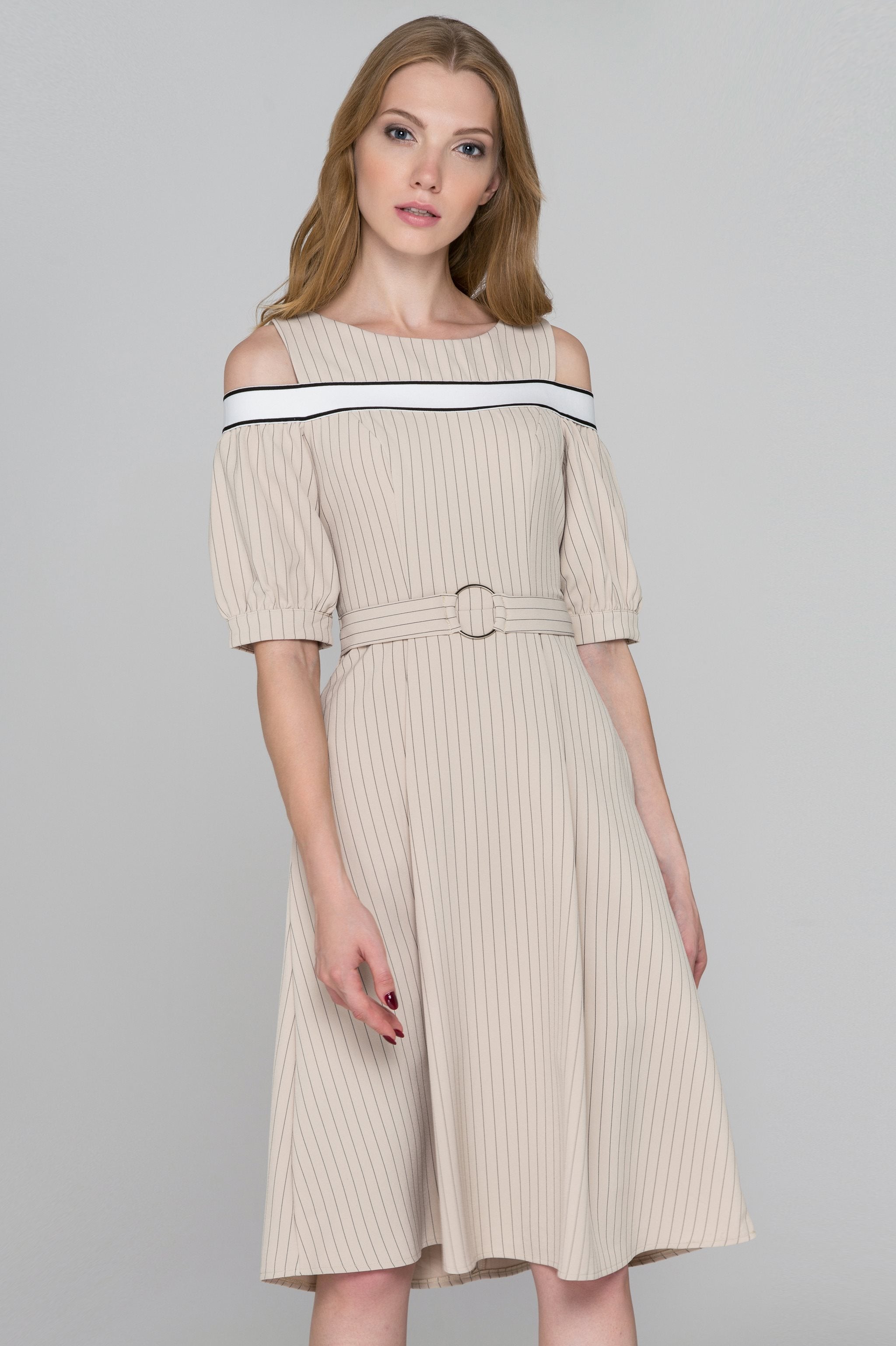 Beige Pin Stripes Cold Shoulder Midi Dress - ownthelooks-Development