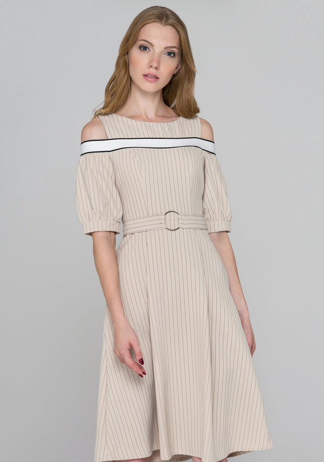 Beige Pin Stripes Cold Shoulder Midi Dress - ownthelooks-Development