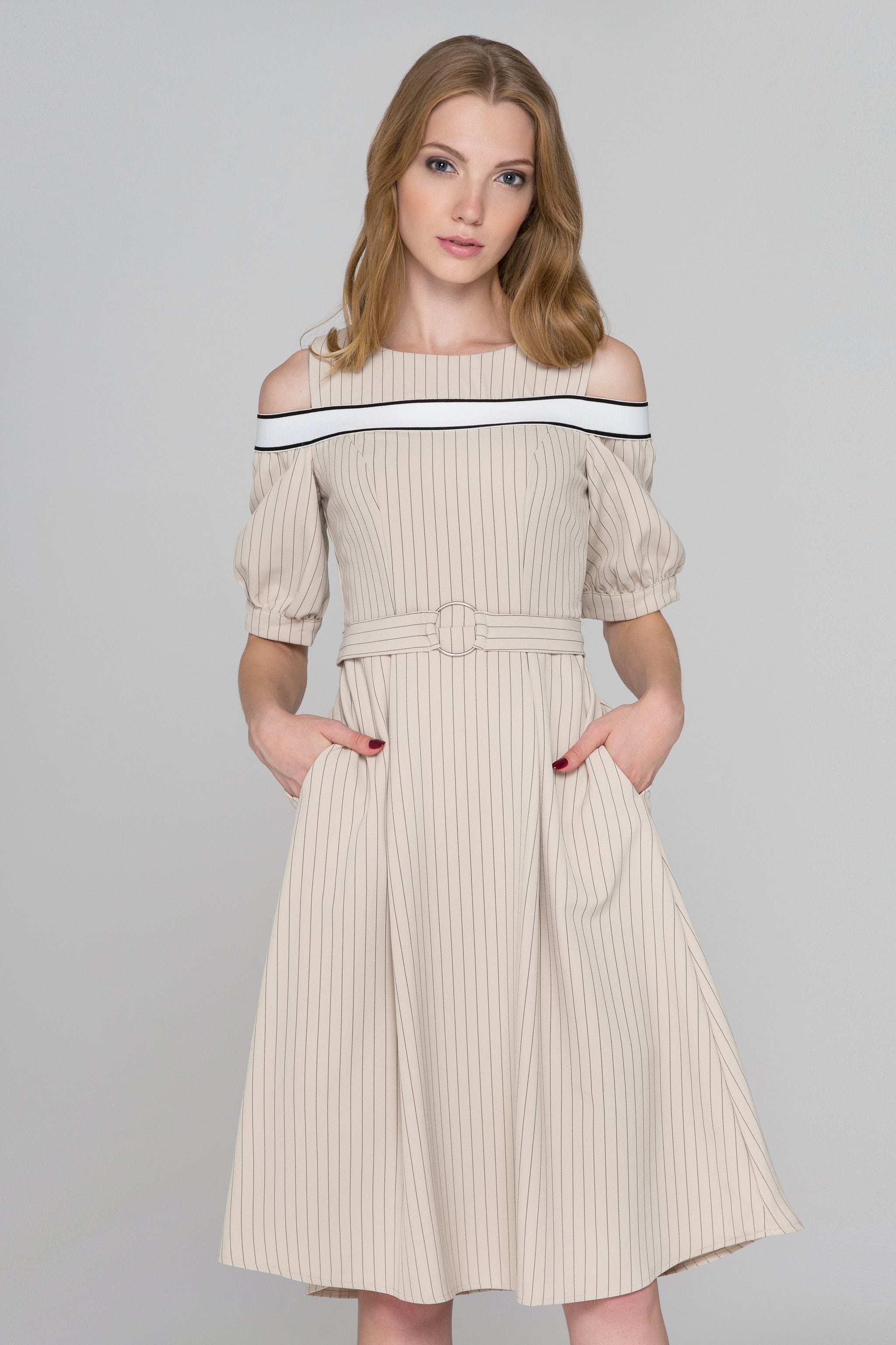 Beige Pin Stripes Cold Shoulder Midi Dress - ownthelooks-Development