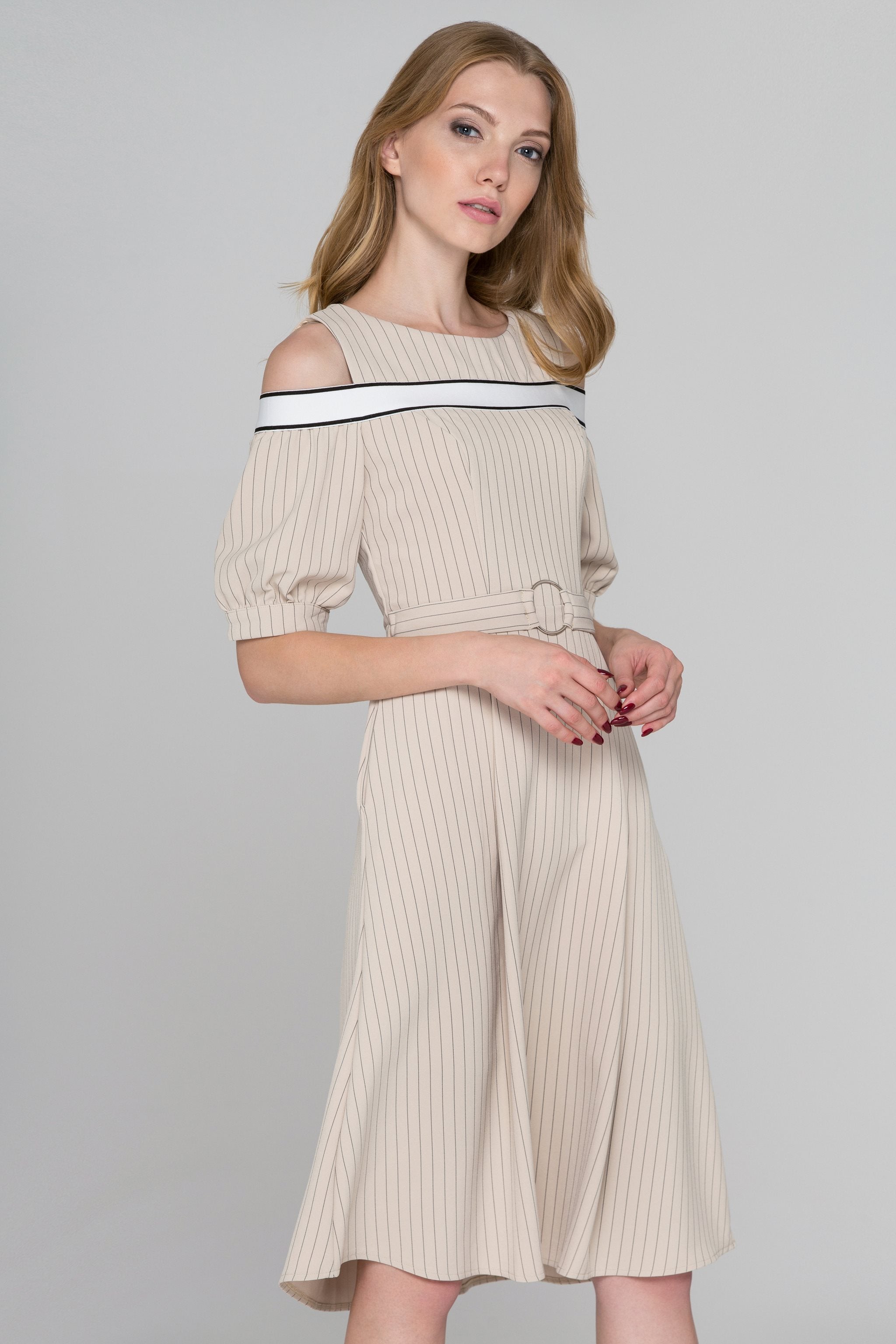 Beige Pin Stripes Cold Shoulder Midi Dress - ownthelooks-Development