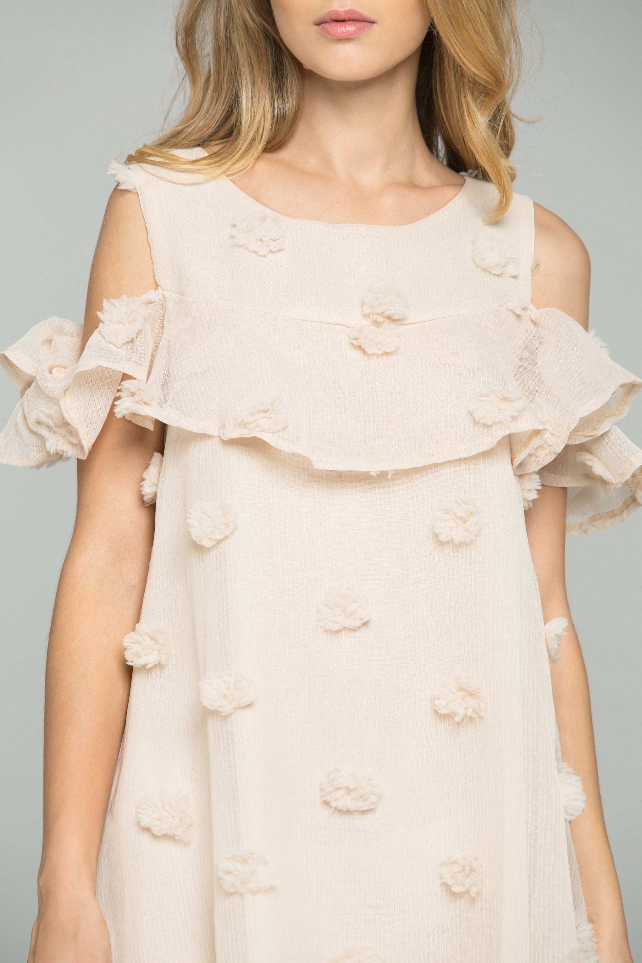 Beige Silk Sheer Pom Pom Detail Ruffled Sleeveless Top - ownthelooks-Development