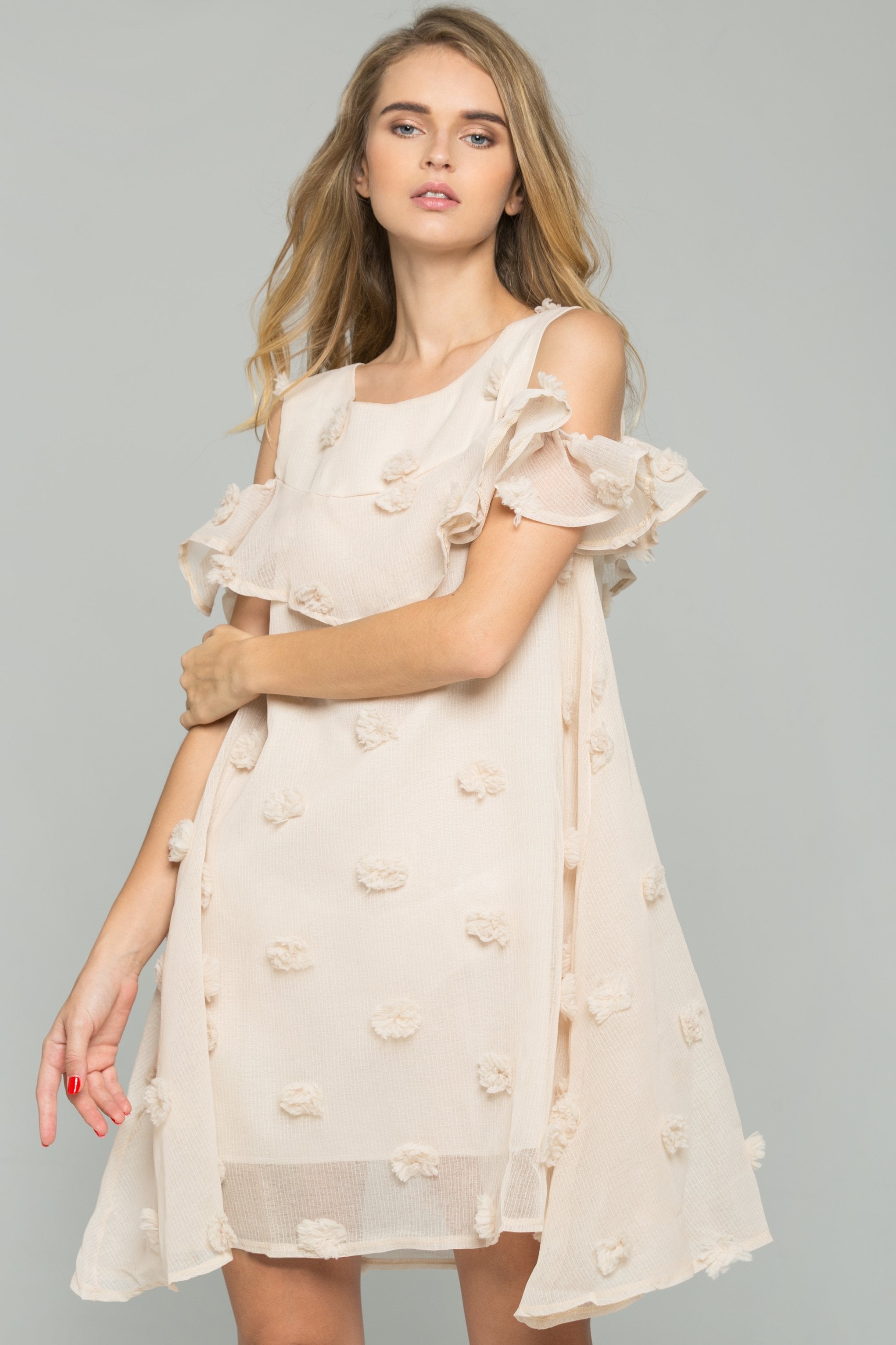 Beige Silk Sheer Pom Pom Detail Ruffled Sleeveless Top - ownthelooks-Development