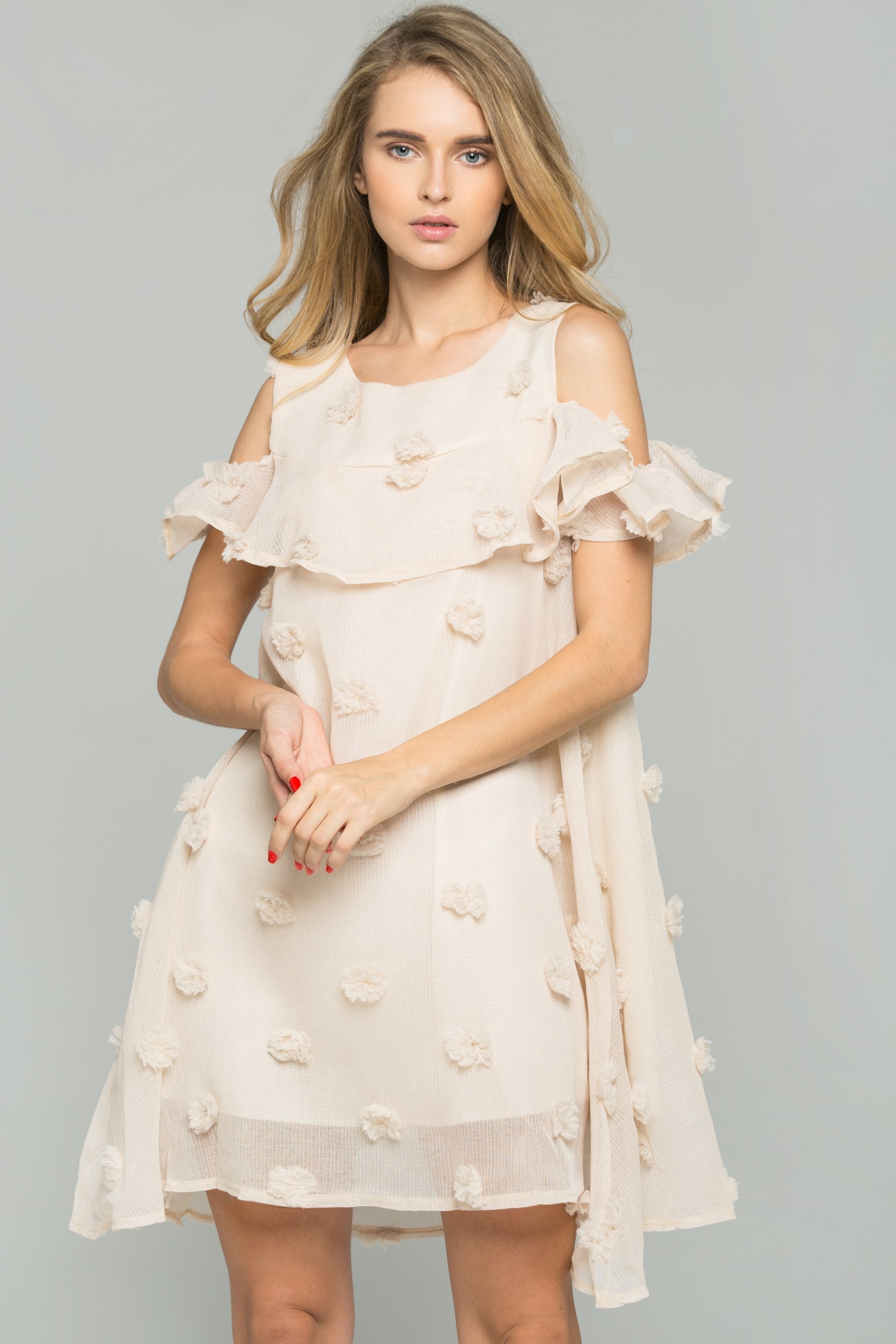 Beige Silk Sheer Pom Pom Detail Ruffled Sleeveless Top - ownthelooks-Development