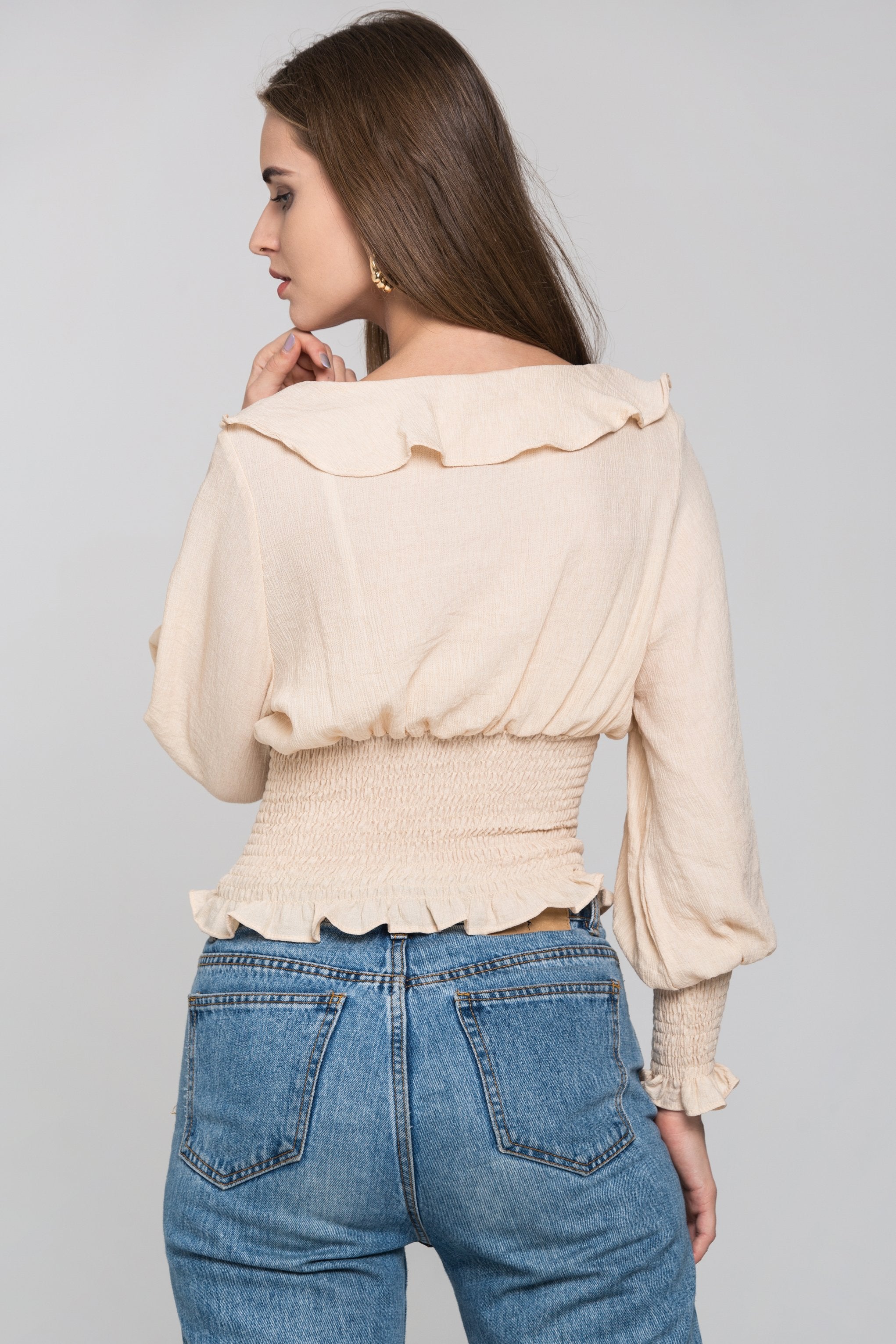 Beige Smocked Waist Ruffle Collar Blouson Top - ownthelooks-Development