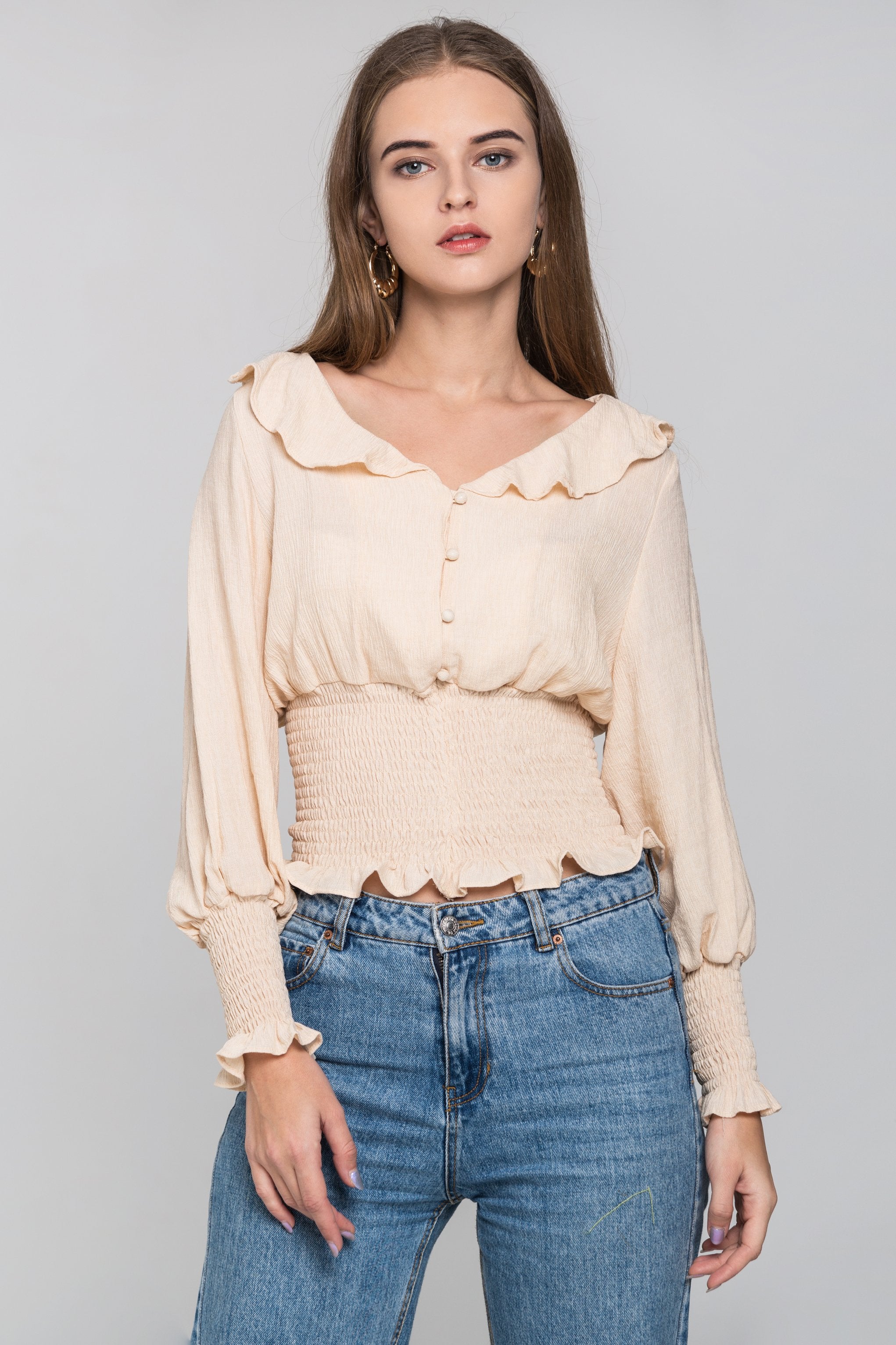 Beige Smocked Waist Ruffle Collar Blouson Top - ownthelooks-Development