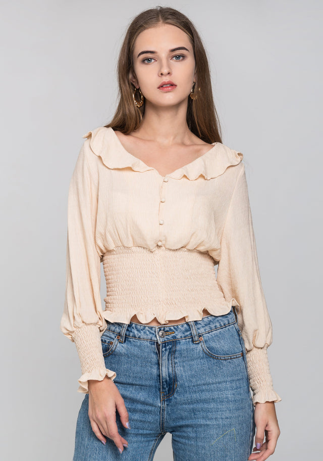 Beige Smocked Waist Ruffle Collar Blouson Top - ownthelooks-Development