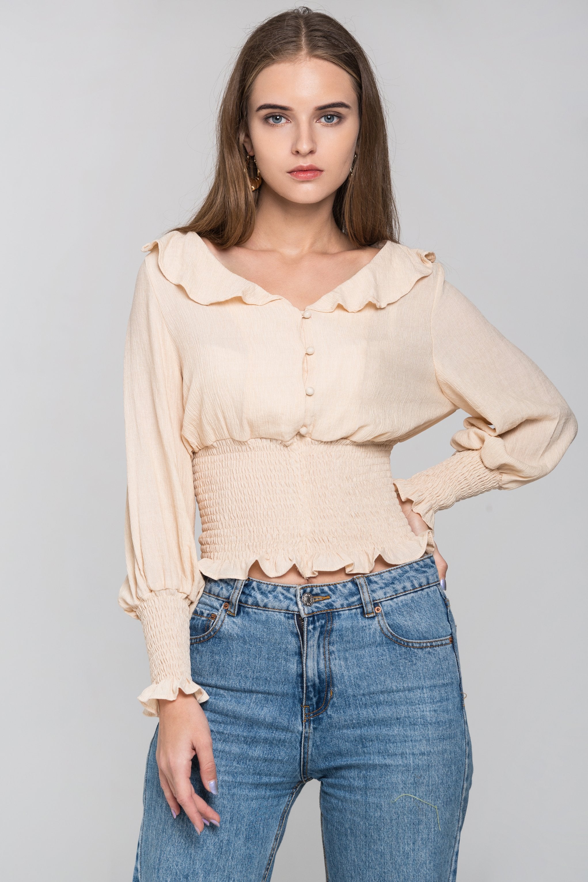 Beige Smocked Waist Ruffle Collar Blouson Top - ownthelooks-Development