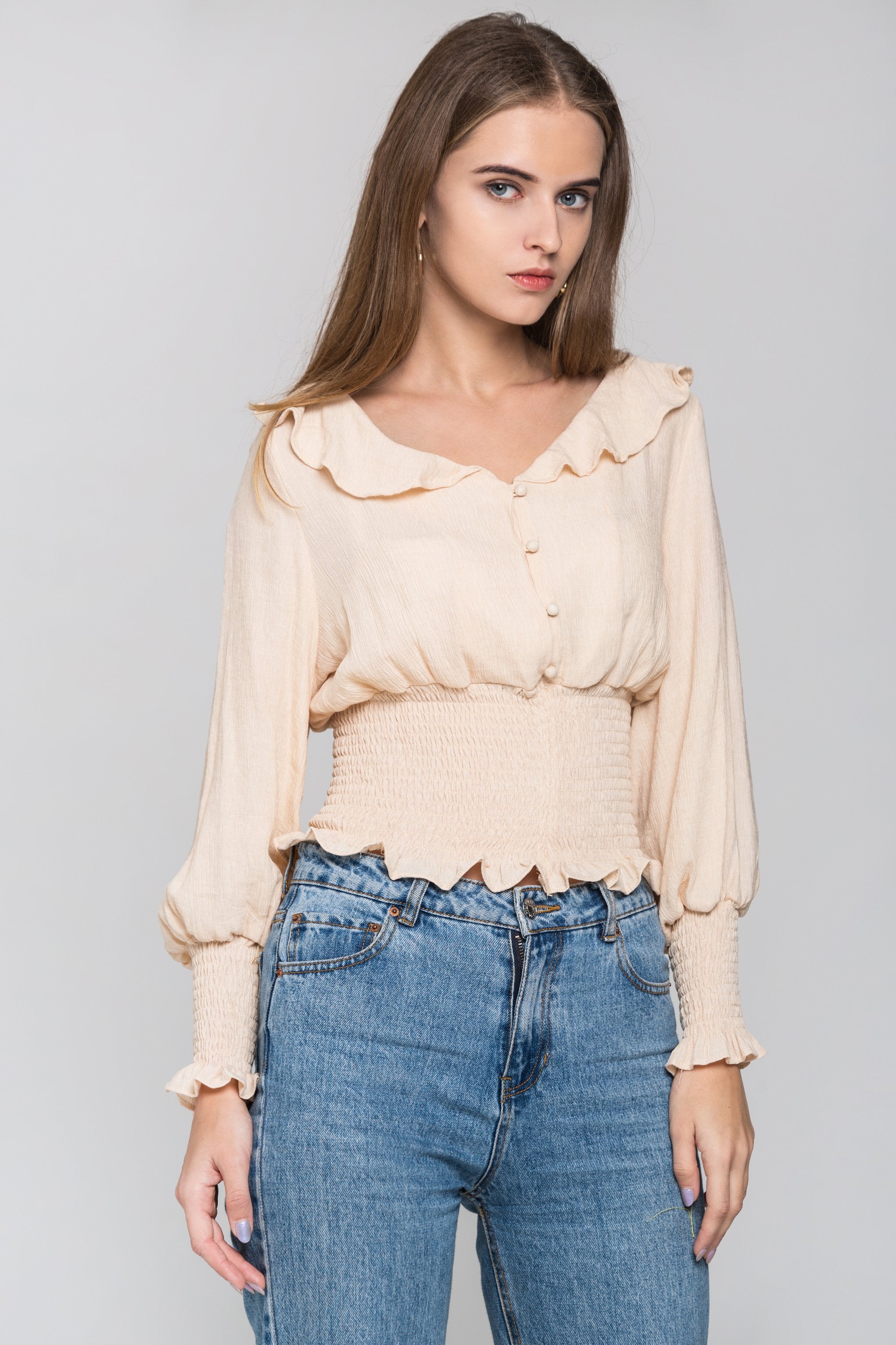 Beige Smocked Waist Ruffle Collar Blouson Top - ownthelooks-Development