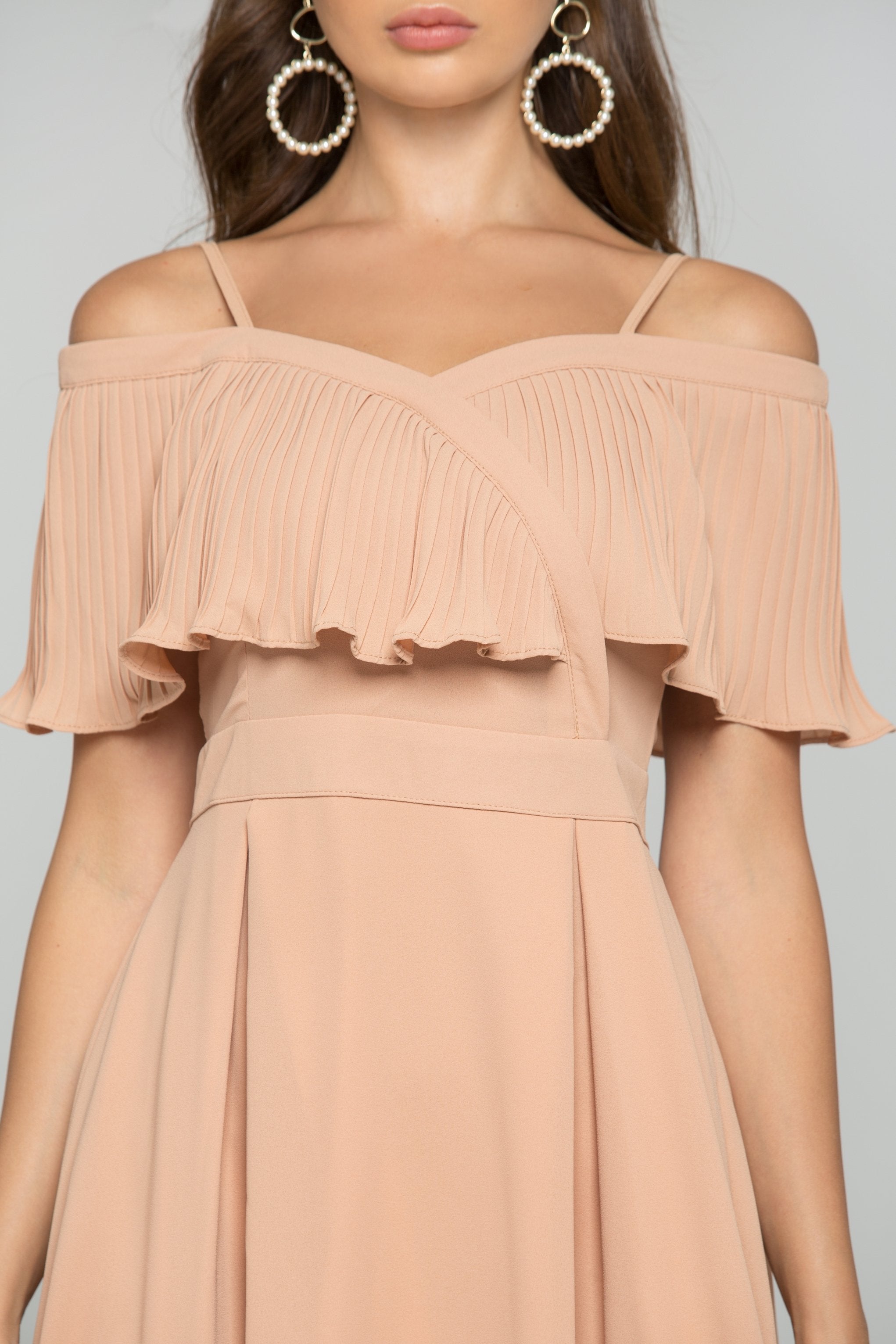 Beige Spaghetti Strap Front Ribbed Ruffle Trim Mini Dress - ownthelooks-Development