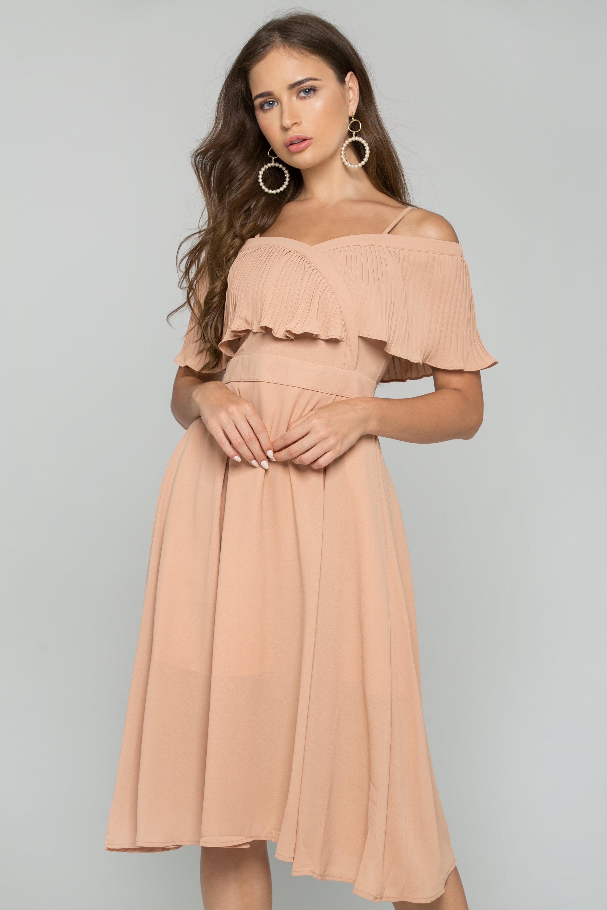 Beige Spaghetti Strap Front Ribbed Ruffle Trim Mini Dress - ownthelooks-Development