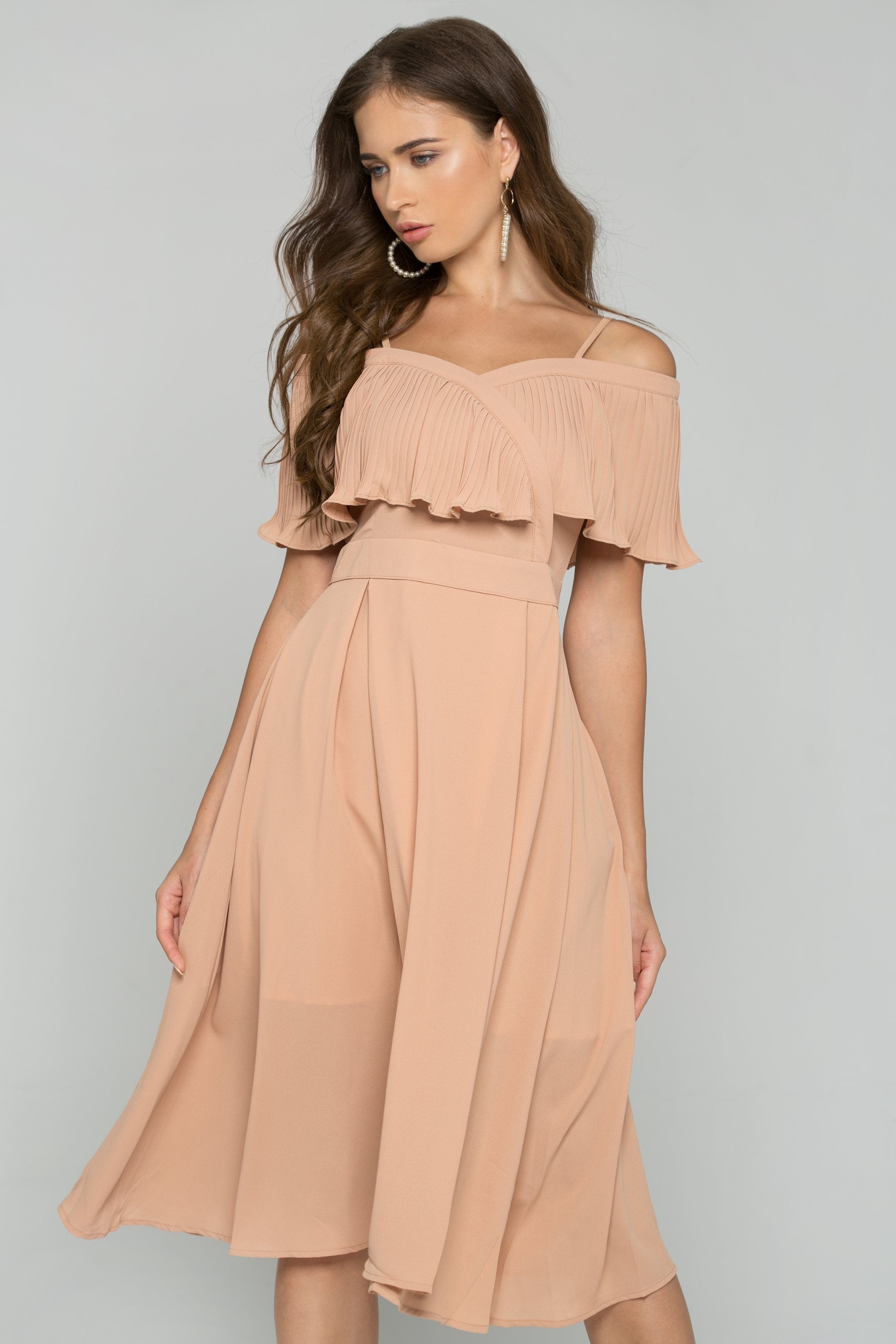 Beige Spaghetti Strap Front Ribbed Ruffle Trim Mini Dress - ownthelooks-Development