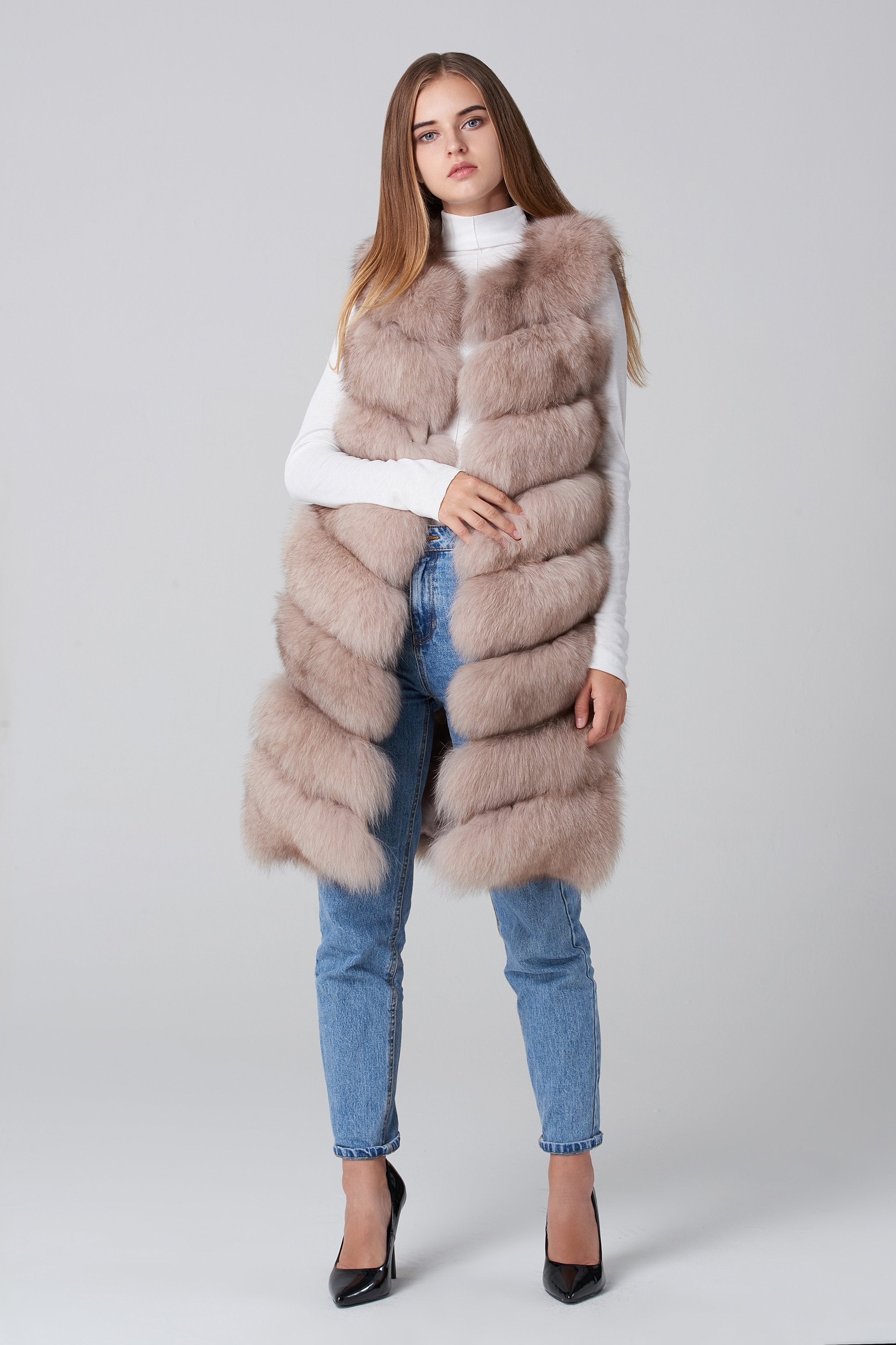 Beige Square Knee Length Fox Fur Coat - ownthelooks-Development
