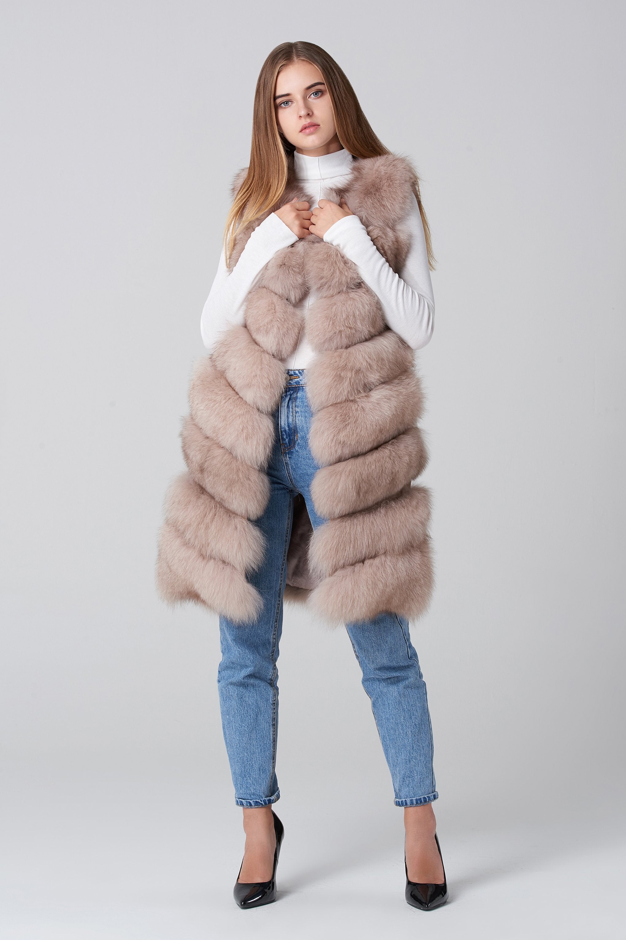 Beige Square Knee Length Fox Fur Coat - ownthelooks-Development