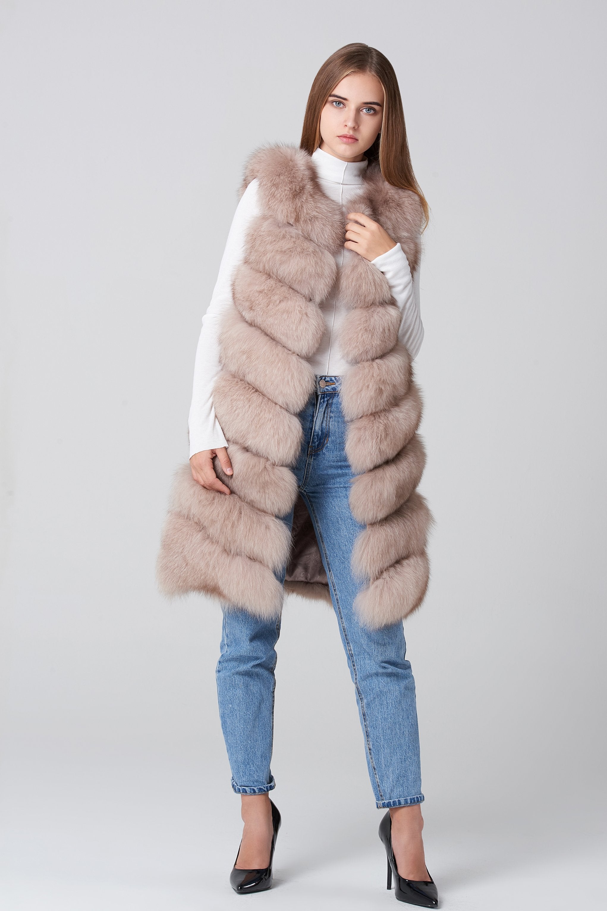Beige Square Knee Length Fox Fur Coat - ownthelooks-Development