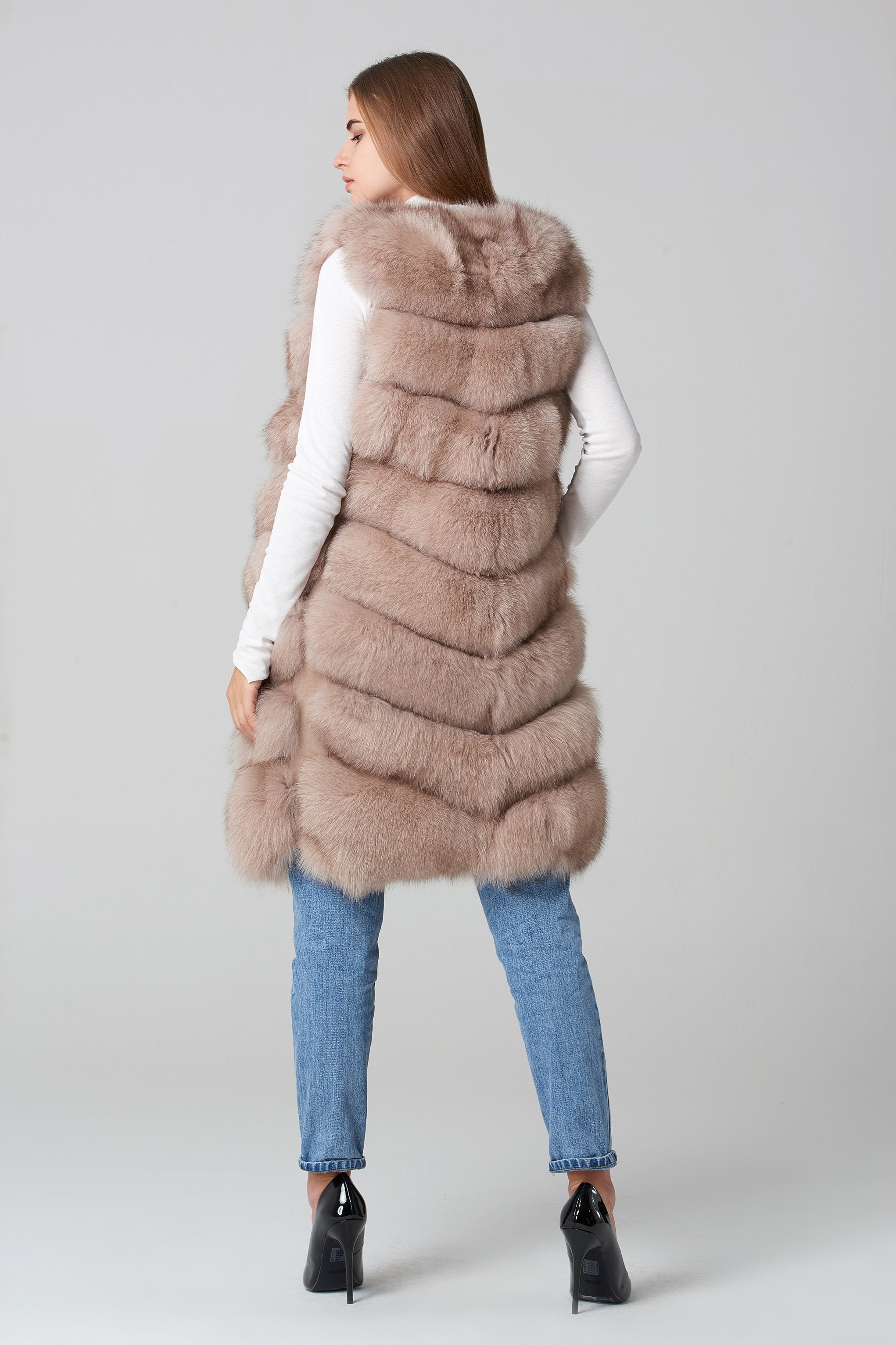 Beige Square Knee Length Fox Fur Coat - ownthelooks-Development