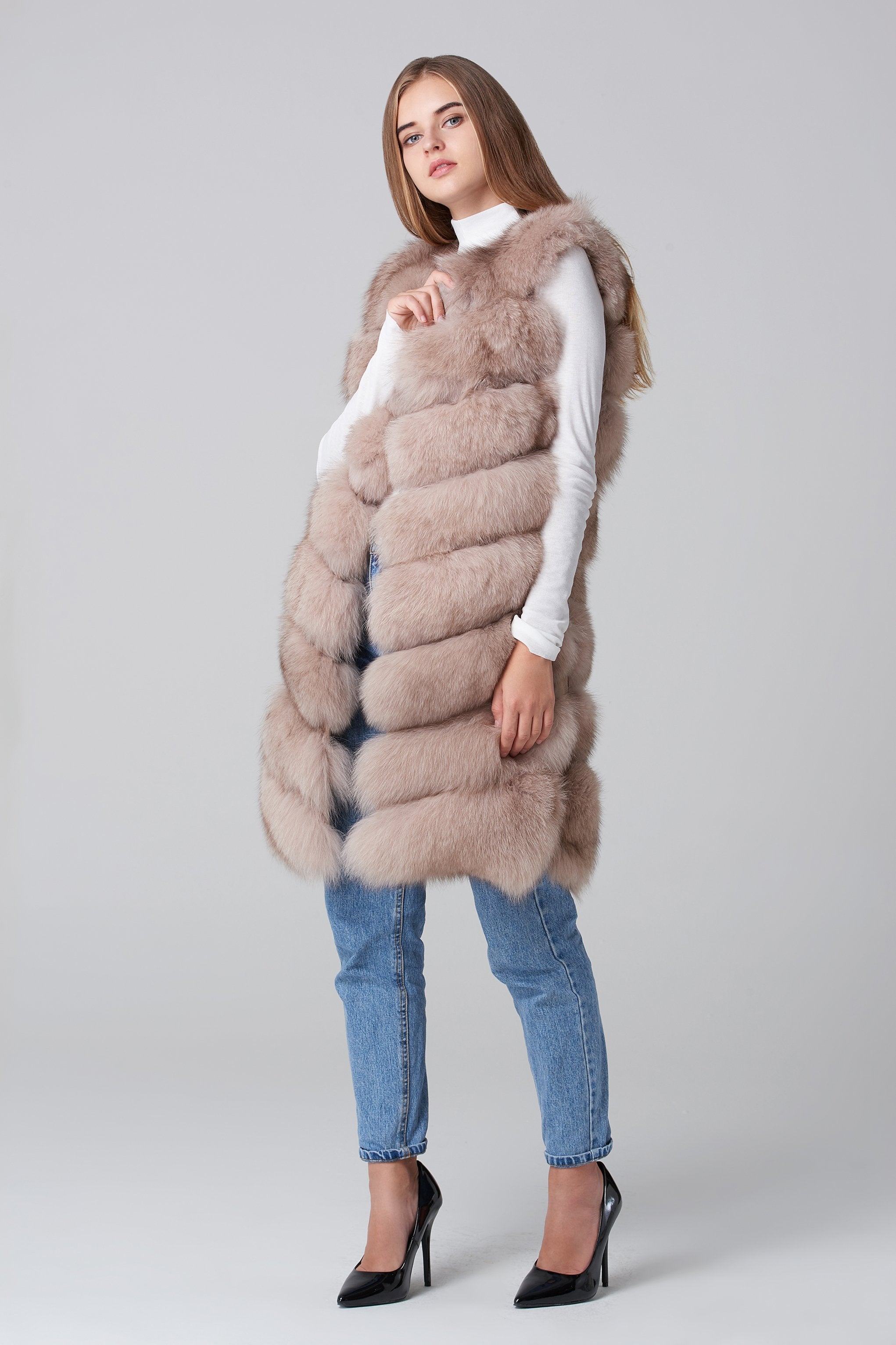 Beige Square Knee Length Fox Fur Coat - ownthelooks-Development