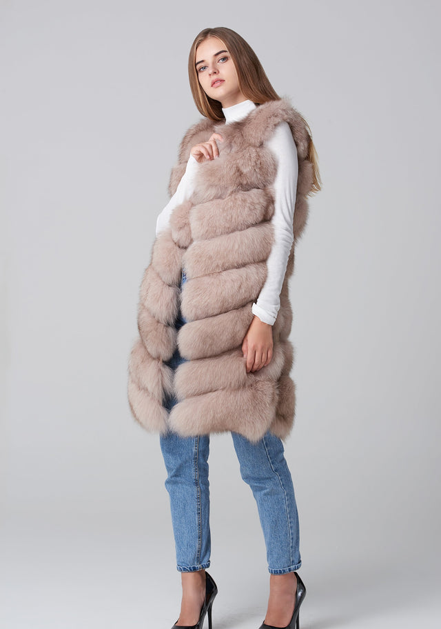 Beige Square Knee Length Fox Fur Coat - ownthelooks-Development