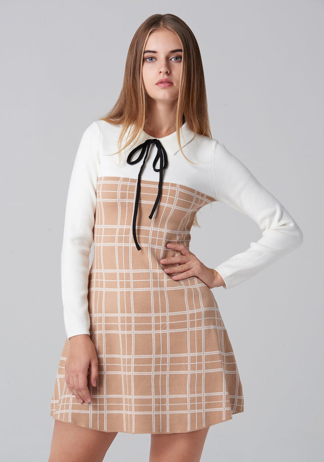 Beige and White Plaid Knit Sleeved Midi Dress - ownthelooks-Development