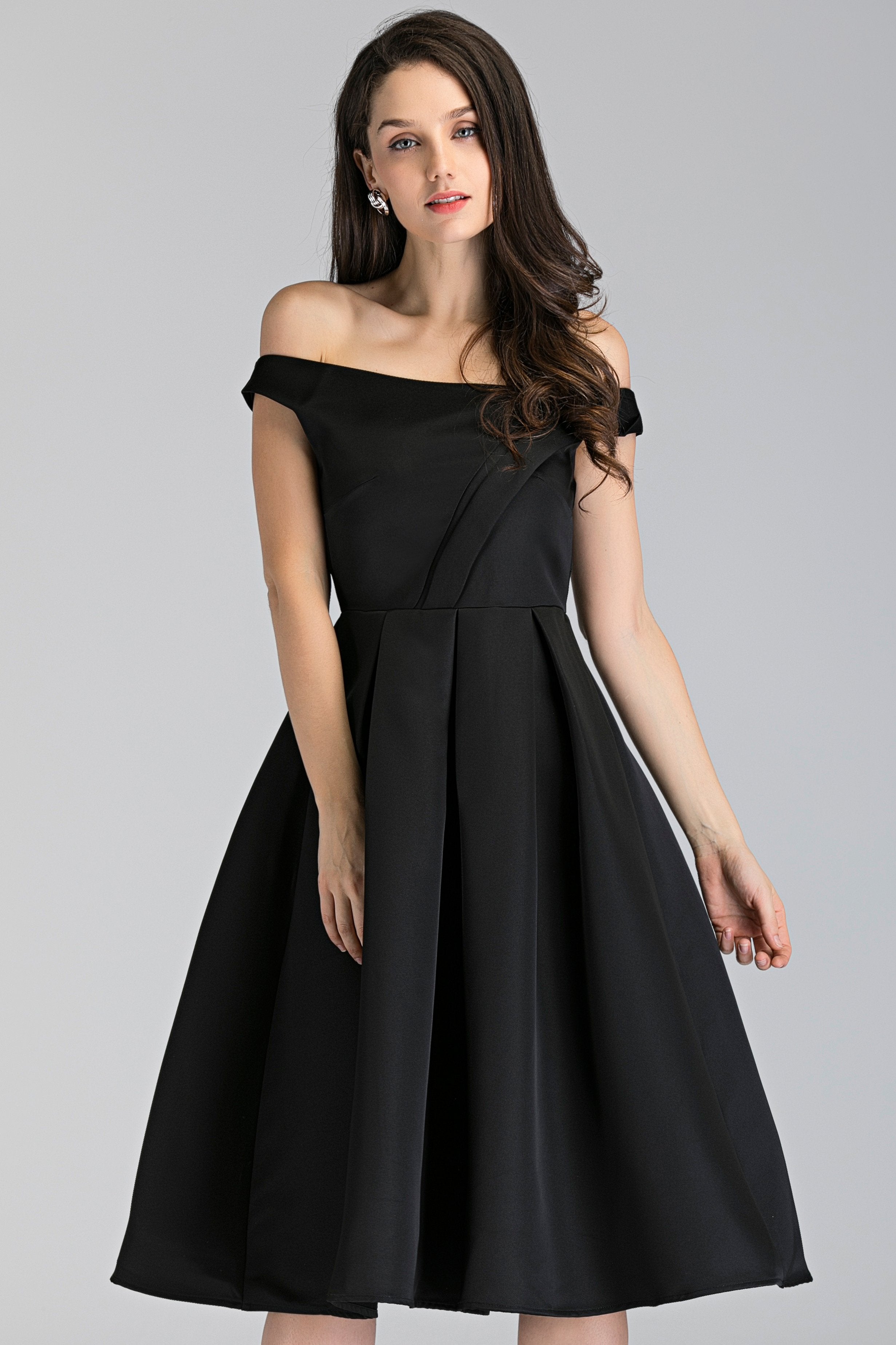 Black Asymmetric Strap Midi Ball Dress - ownthelooks-Development